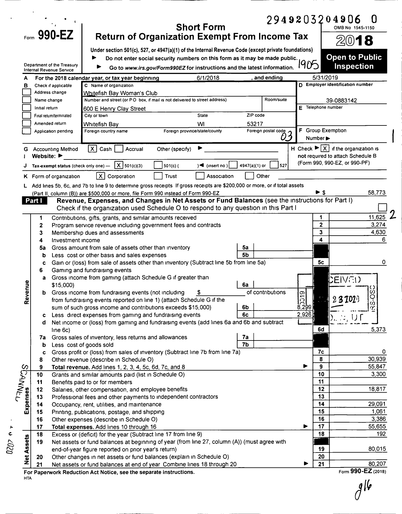 Image of first page of 2018 Form 990EZ for Whitefish Bay Woman's Club