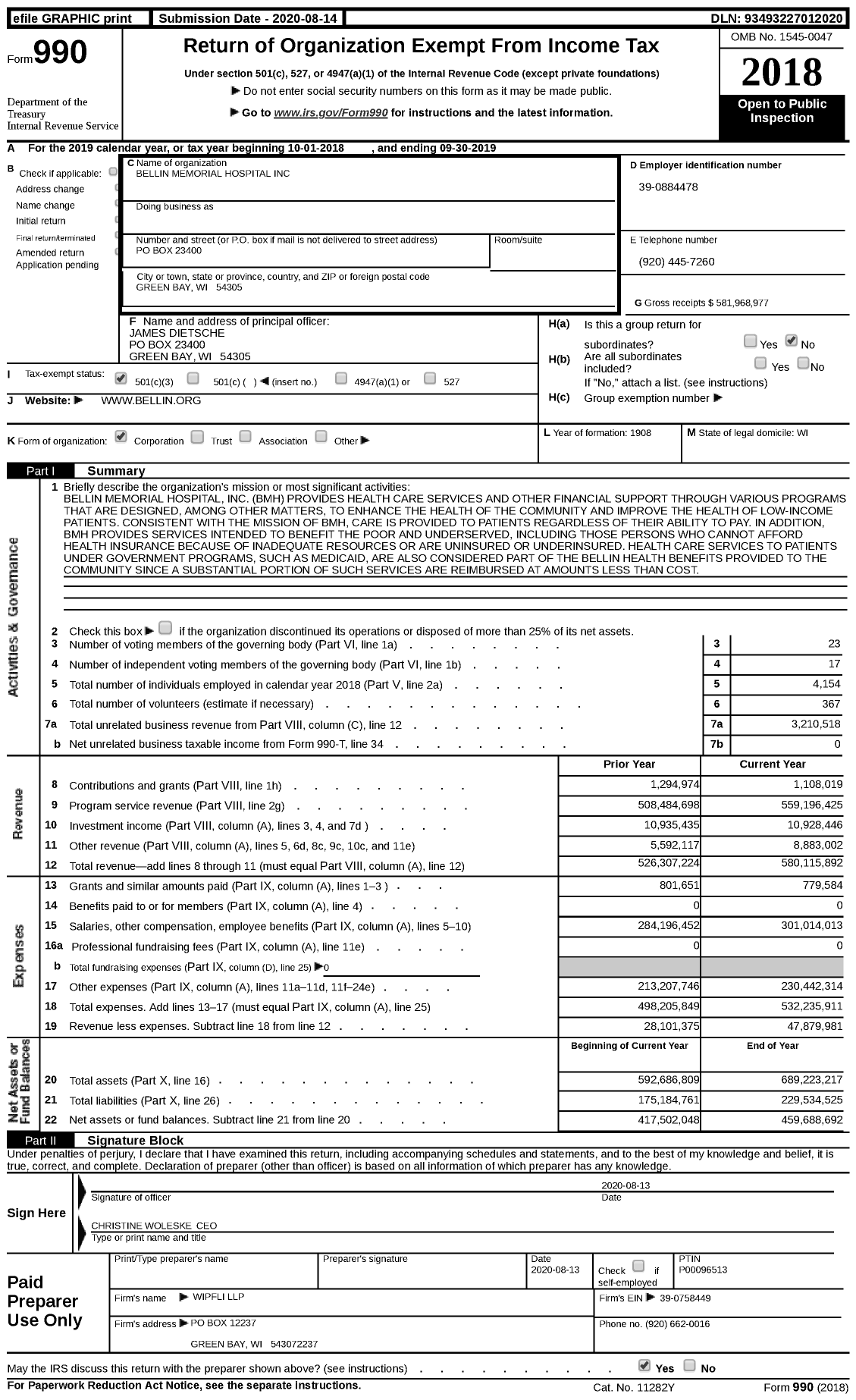Image of first page of 2018 Form 990 for Bellin Memorial Hospital