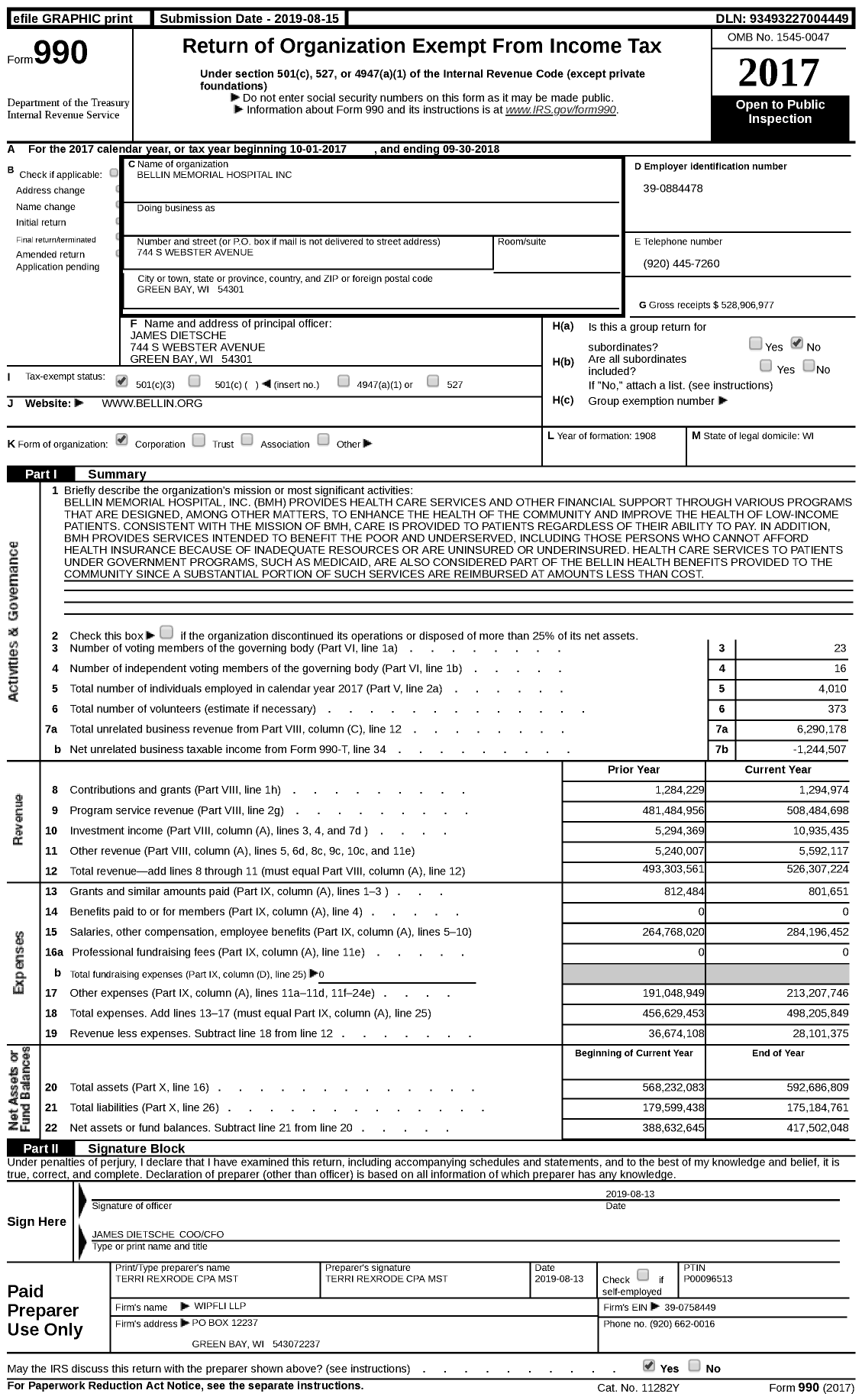 Image of first page of 2017 Form 990 for Bellin Memorial Hospital
