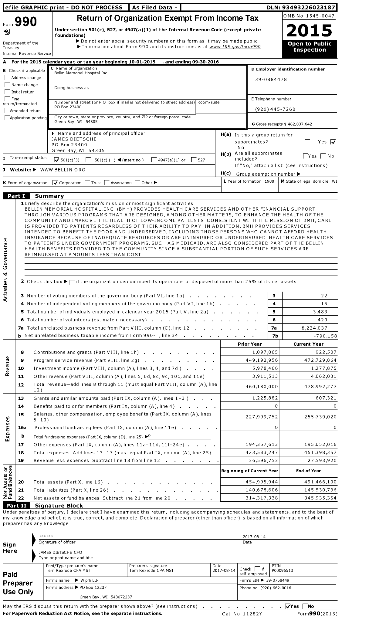 Image of first page of 2015 Form 990 for Bellin Memorial Hospital