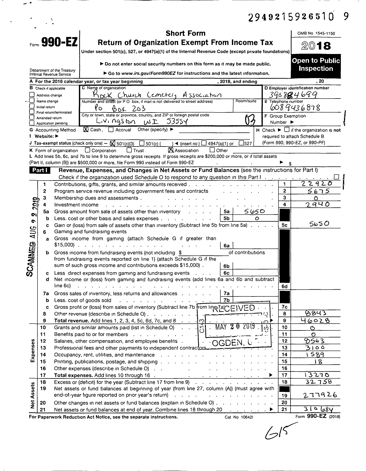 Image of first page of 2018 Form 990EZ for Rock Church Cemetery Association