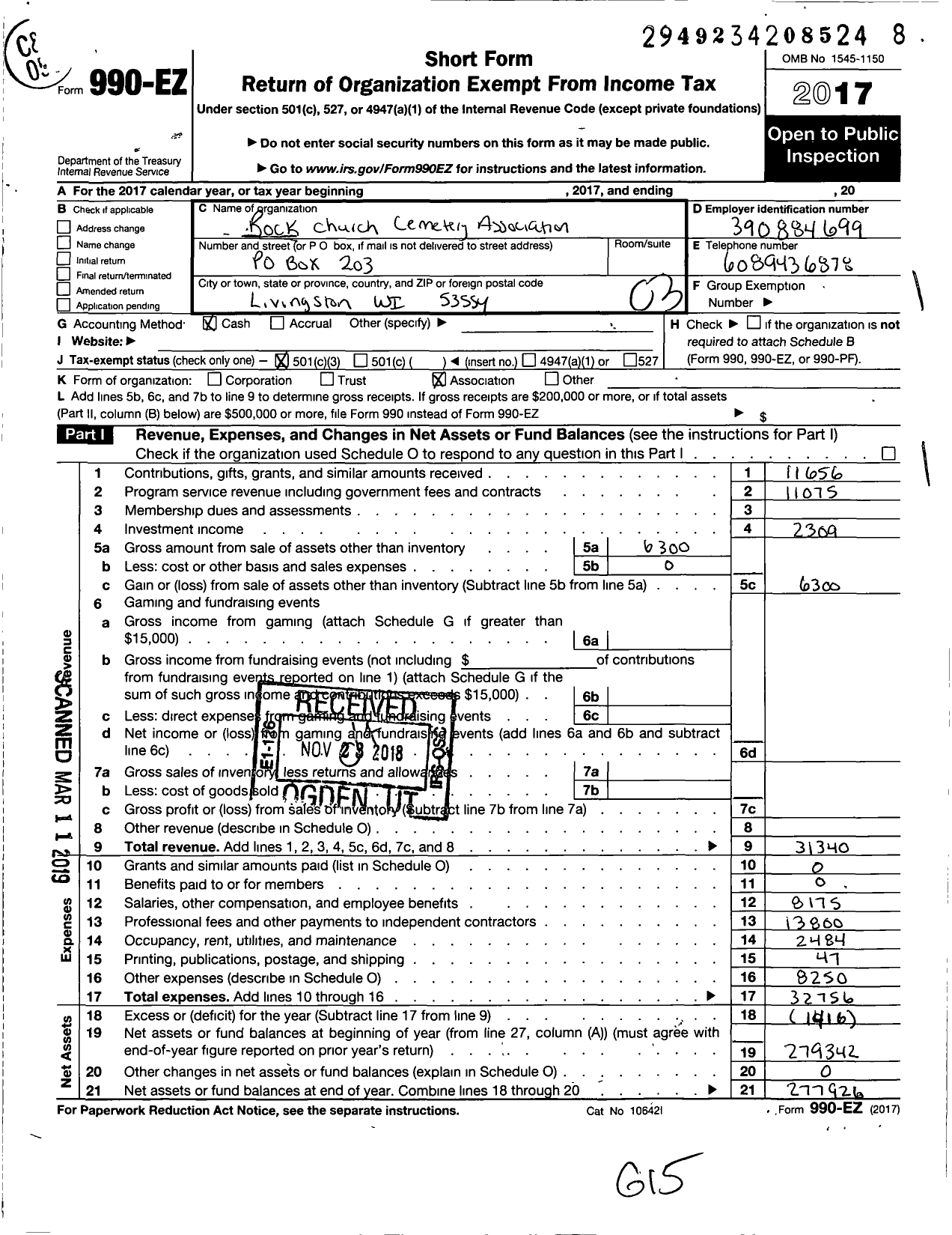 Image of first page of 2017 Form 990EZ for Rock Church Cemetery Association