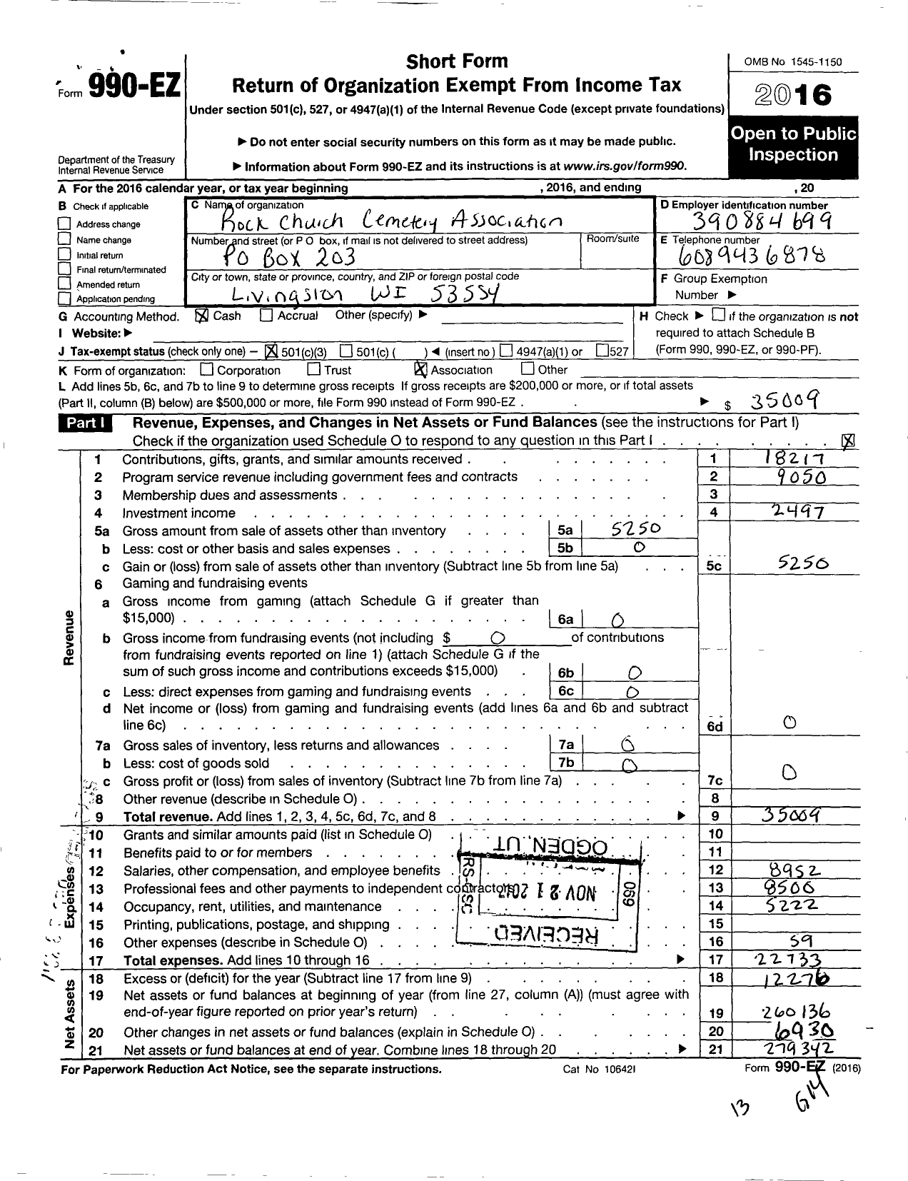 Image of first page of 2016 Form 990EZ for Rock Church Cemetery Association