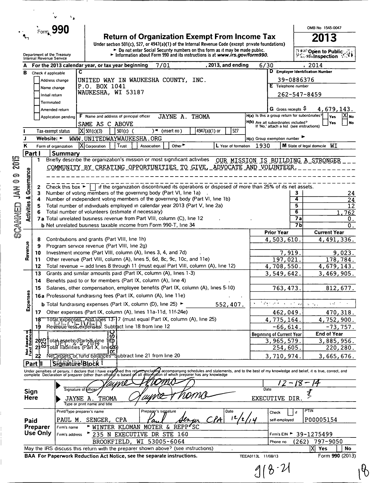 Image of first page of 2013 Form 990 for United Way in Waukesha County