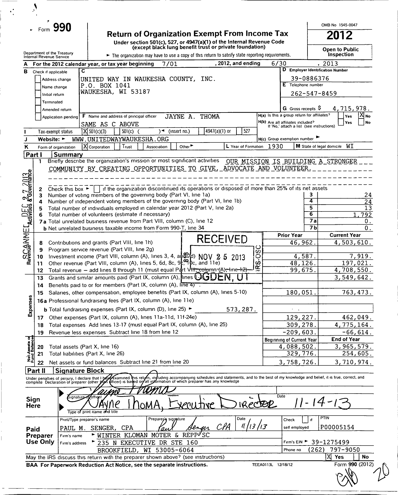 Image of first page of 2012 Form 990 for United Way in Waukesha County