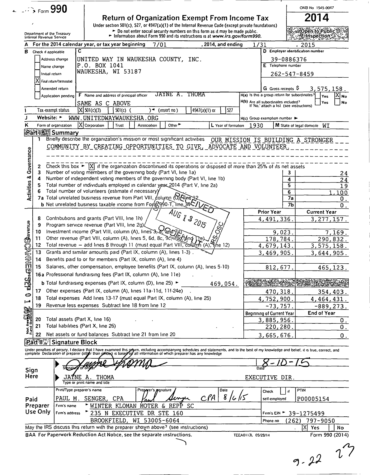 Image of first page of 2014 Form 990 for United Way in Waukesha County