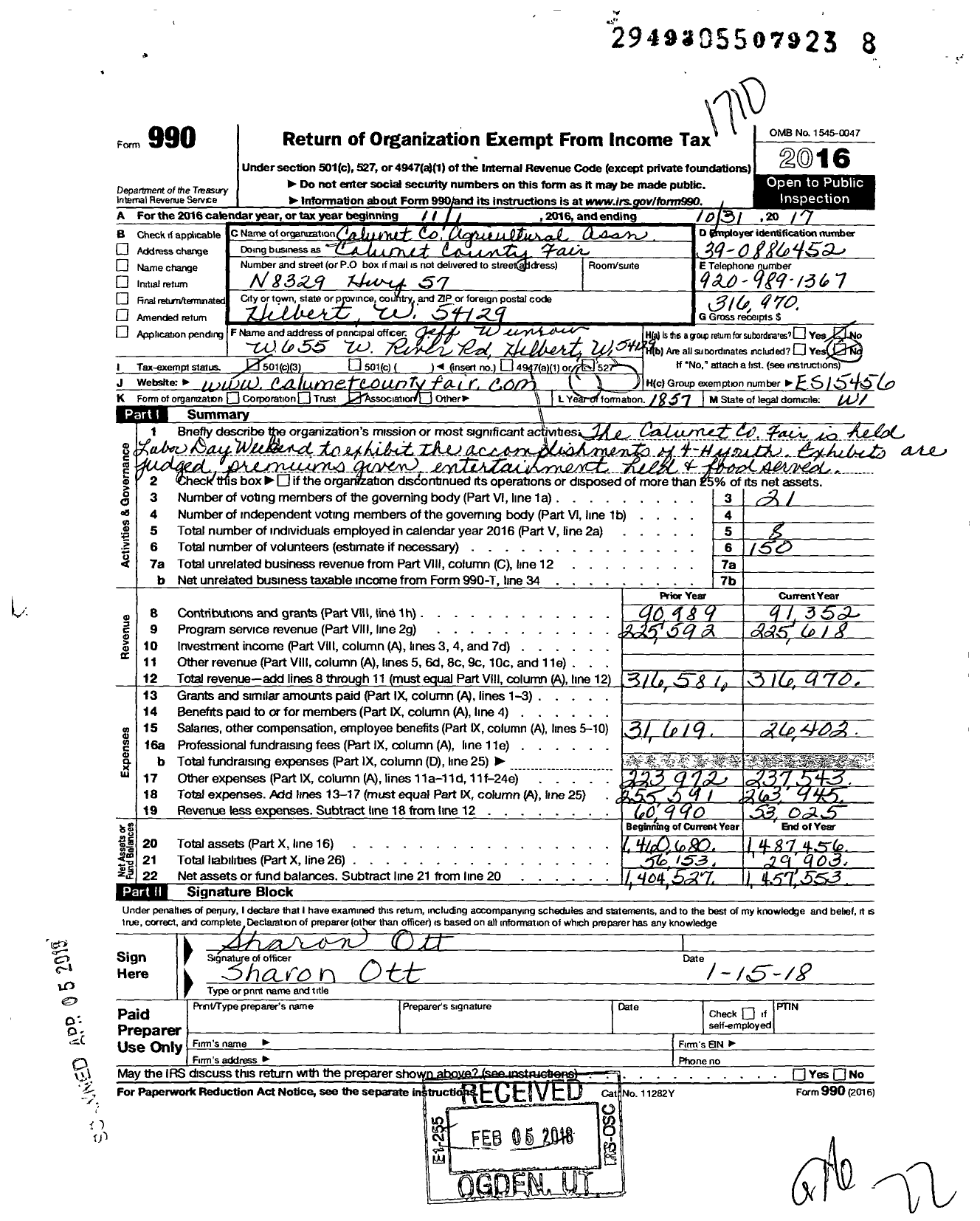 Image of first page of 2016 Form 990 for Calumet County Fair