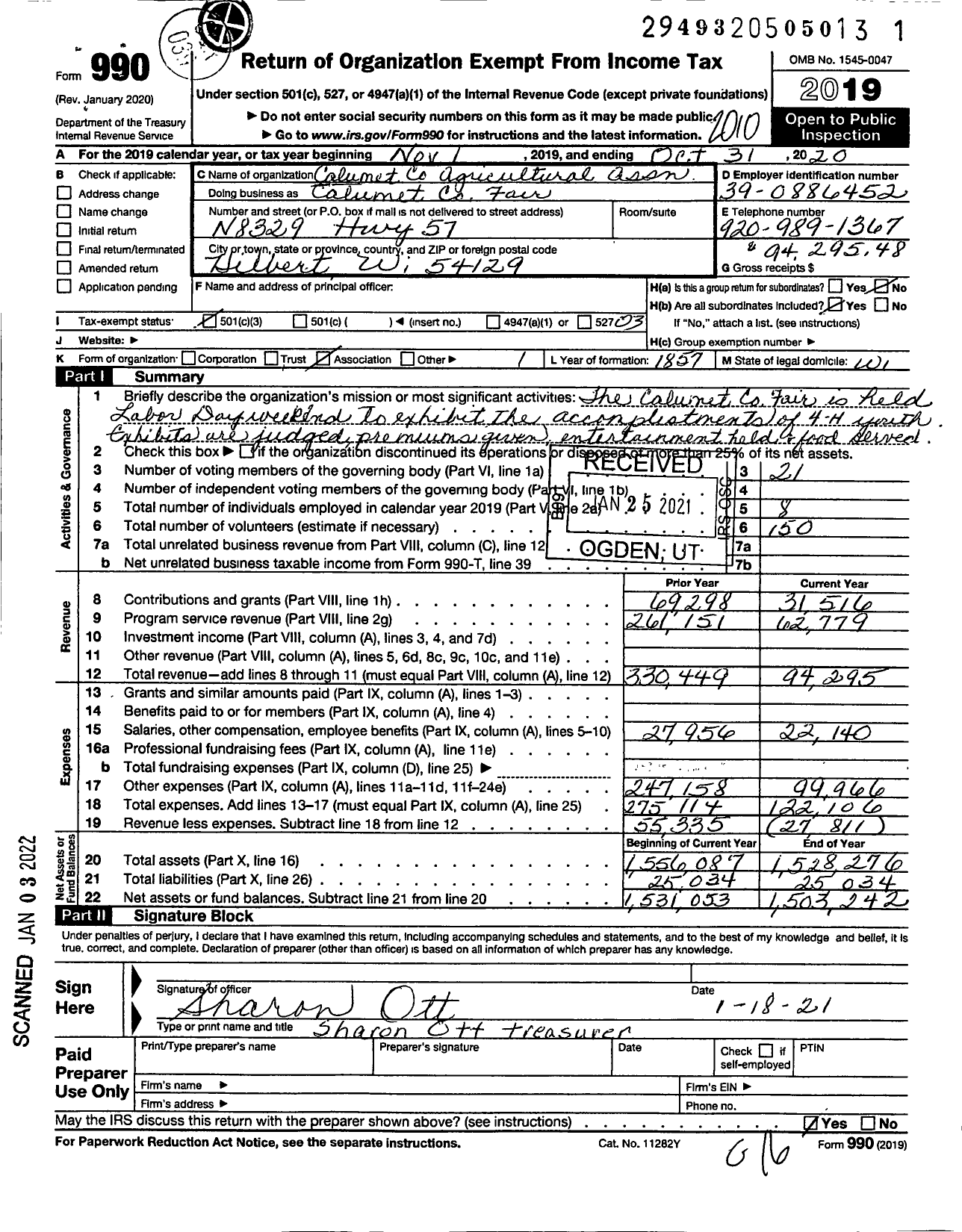 Image of first page of 2019 Form 990 for Calumet County Fair