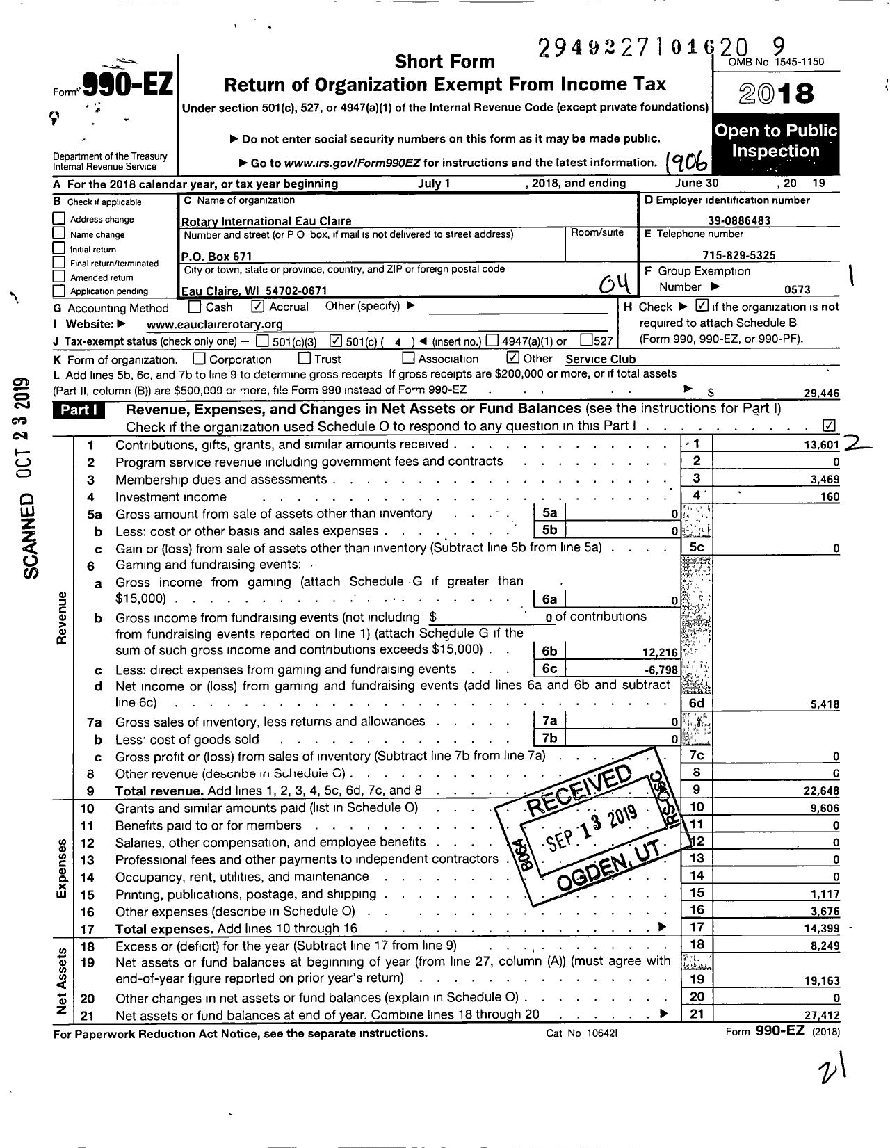 Image of first page of 2018 Form 990EO for Rotary International - Eau Claire Rotary Club