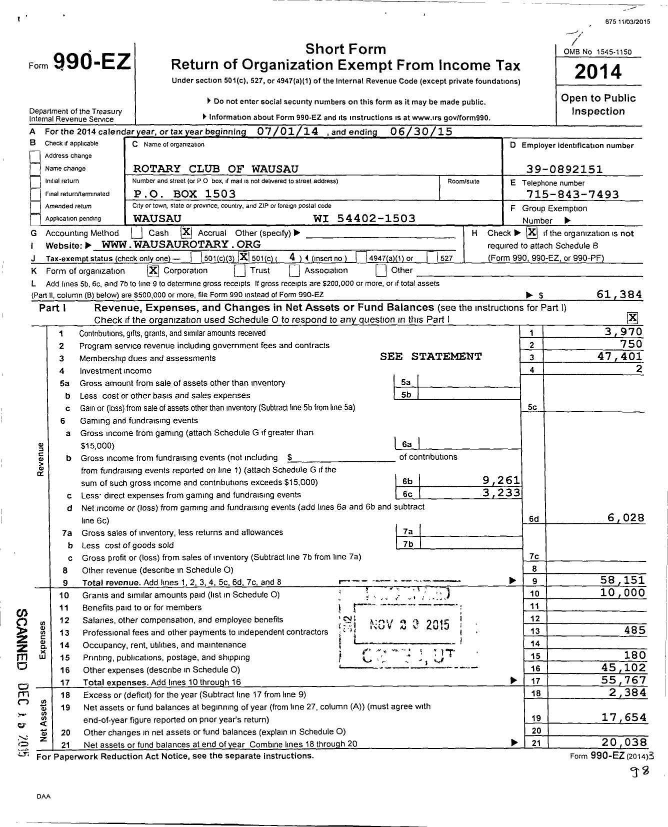 Image of first page of 2014 Form 990EO for Rotary International - Wausau Rotary Club