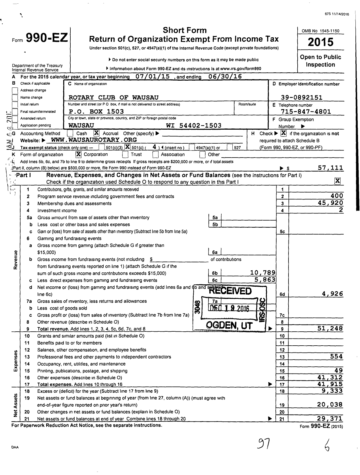 Image of first page of 2015 Form 990EO for Rotary International - Wausau Rotary Club