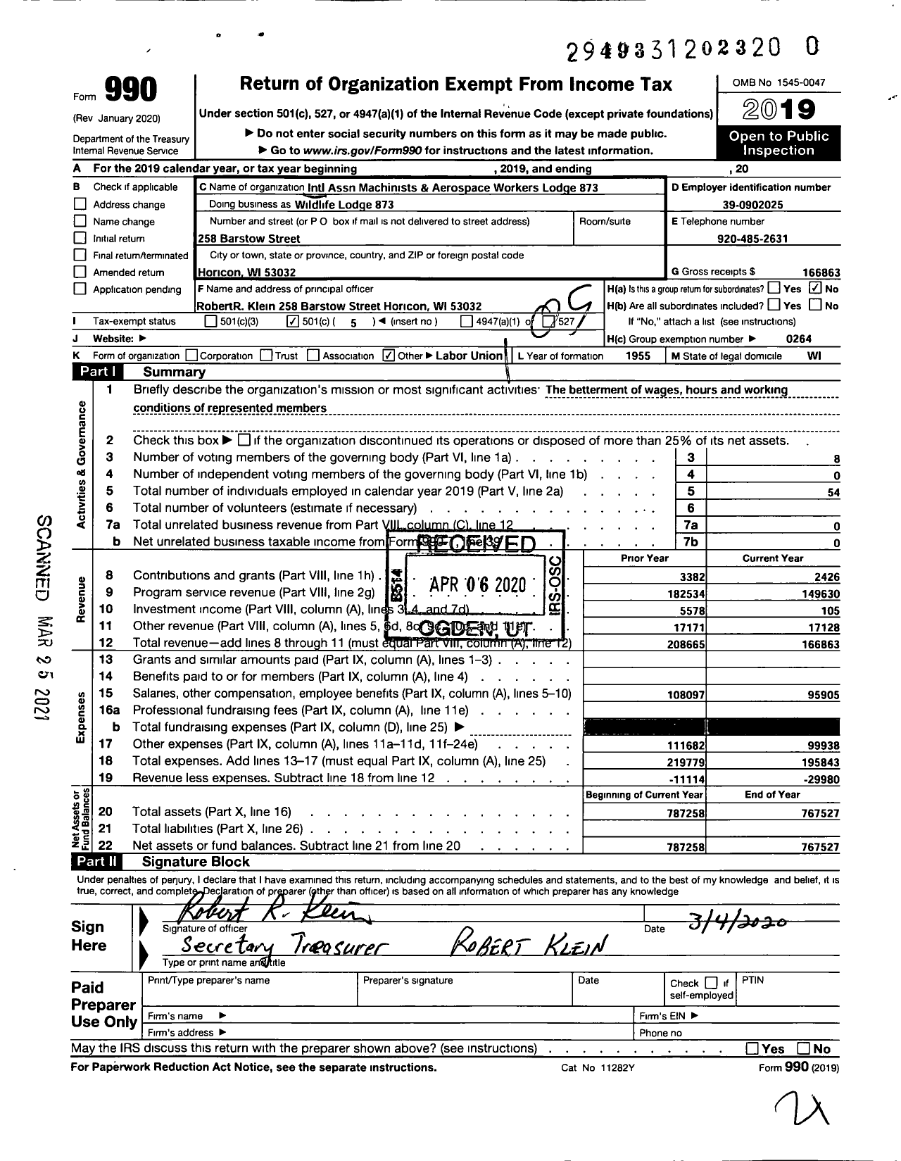 Image of first page of 2019 Form 990O for International Association of Machinists and Aerospace Workers - 873