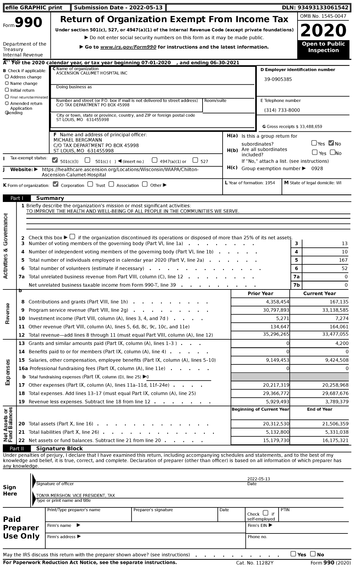 Image of first page of 2020 Form 990 for Ascension Calumet Hospital