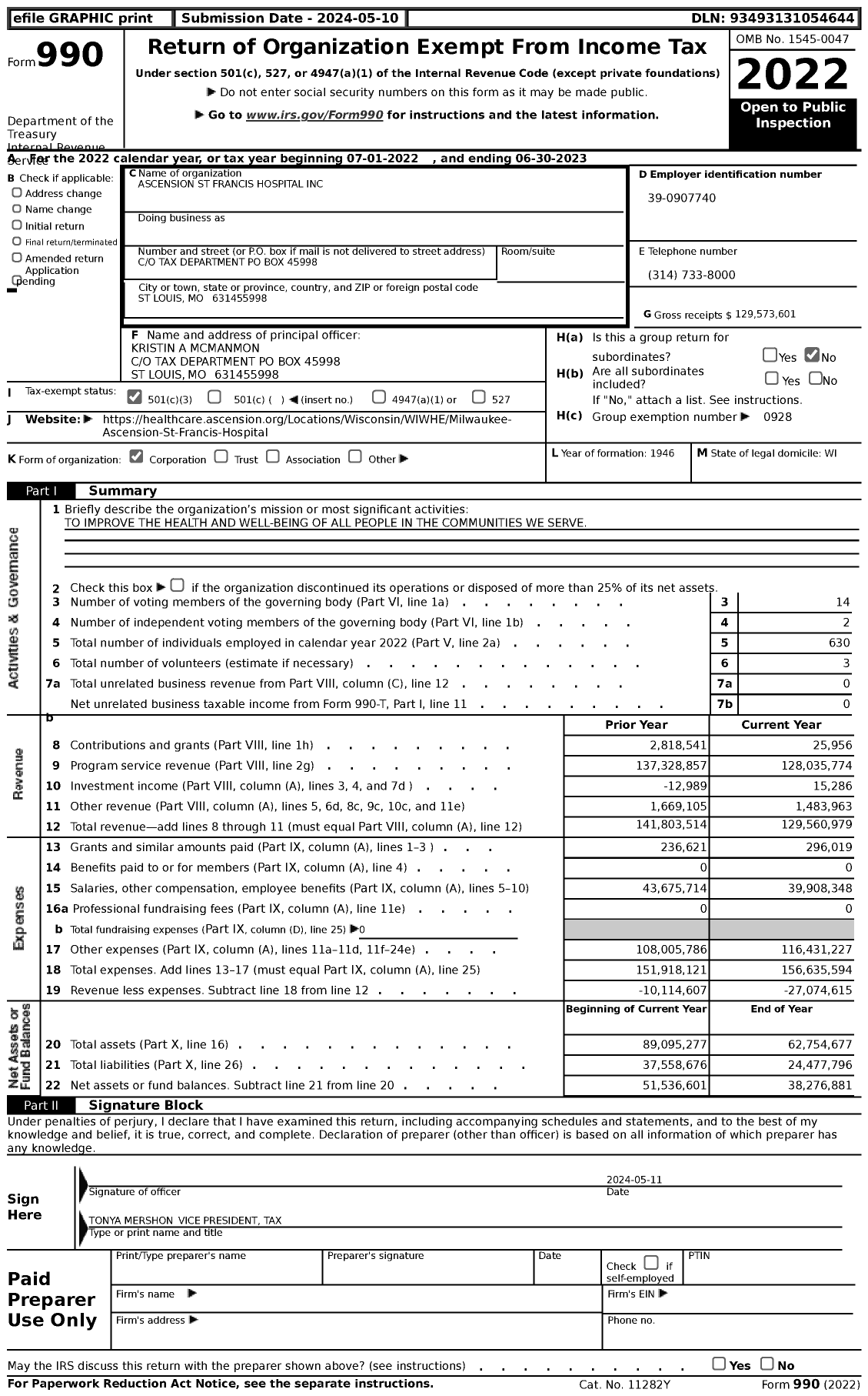 Image of first page of 2022 Form 990 for Ascension