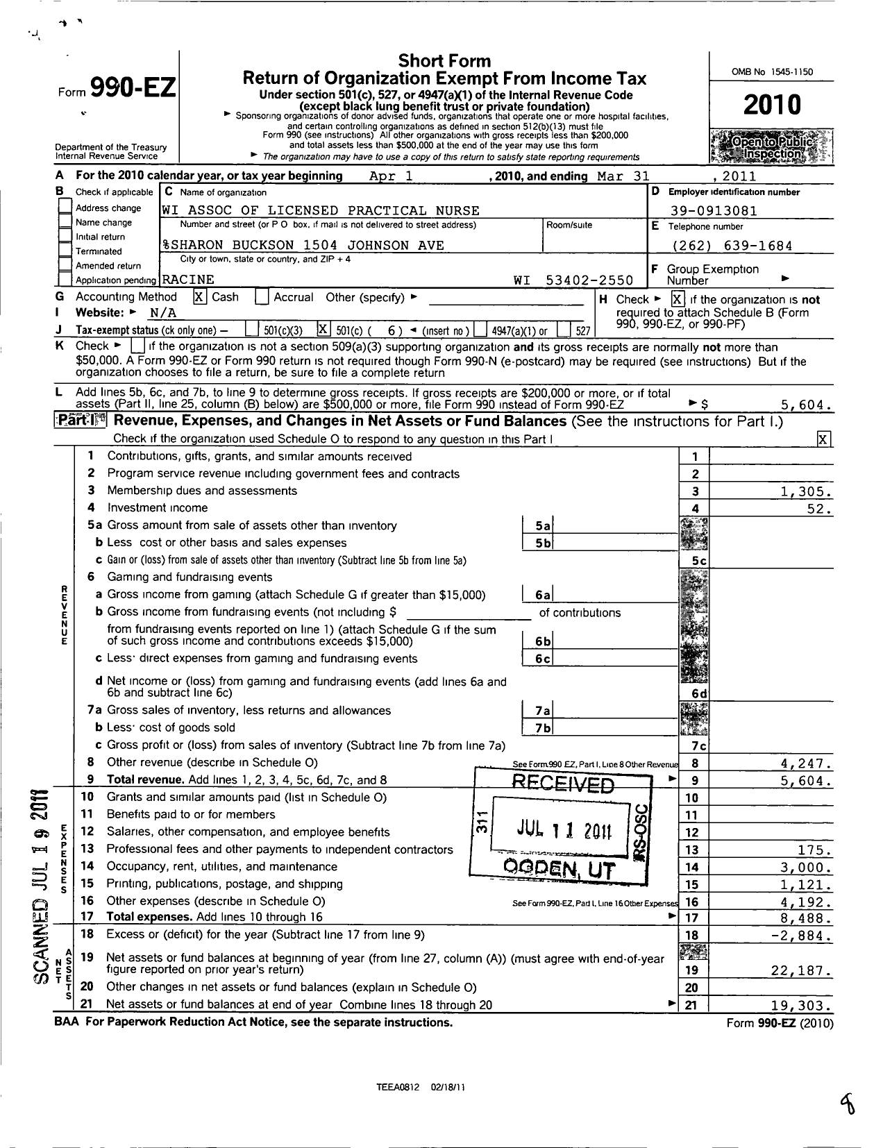 Image of first page of 2010 Form 990EO for Wisconsin Association of Licensed Practical Nurses