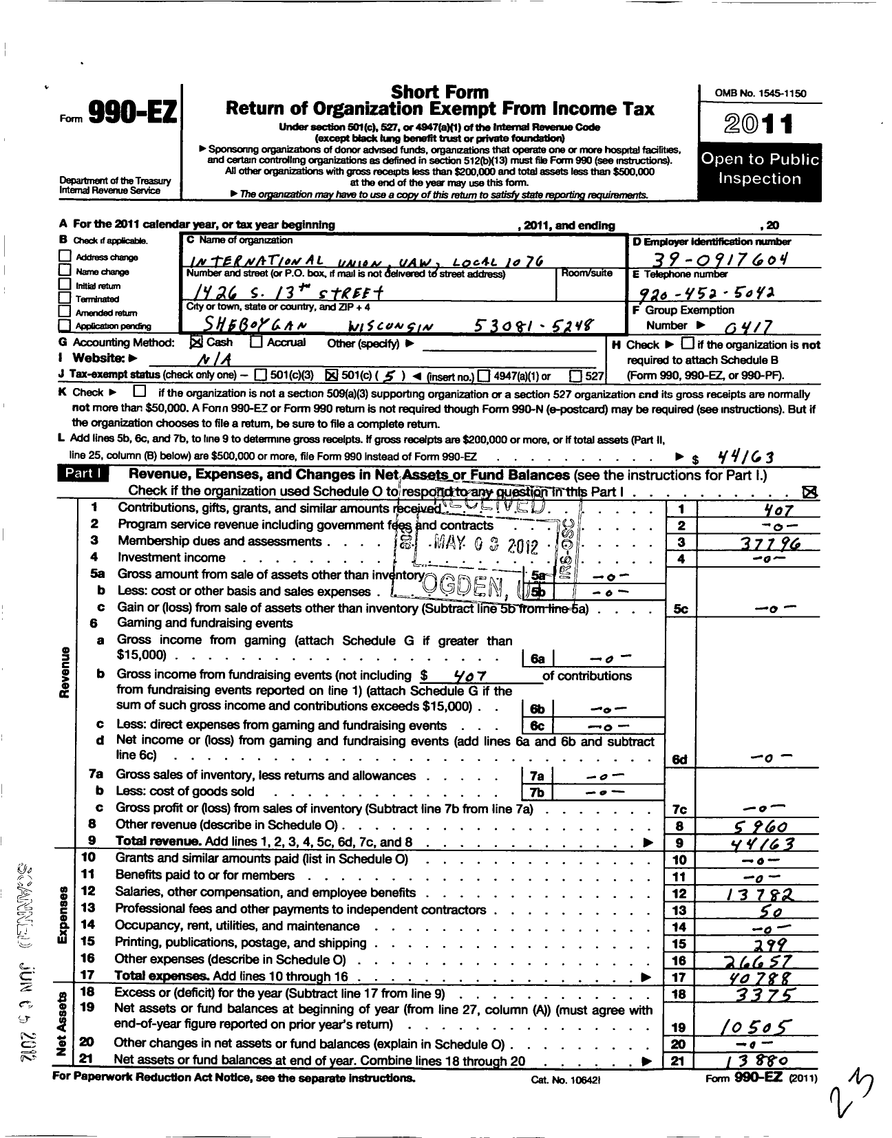 Image of first page of 2011 Form 990EO for Uaw - International Union United Auto Aerospace and Agricultural Workers