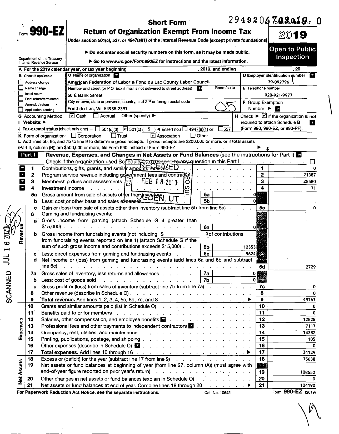 Image of first page of 2019 Form 990EO for AFL-CIO - Fond Du Lac County Labor Council