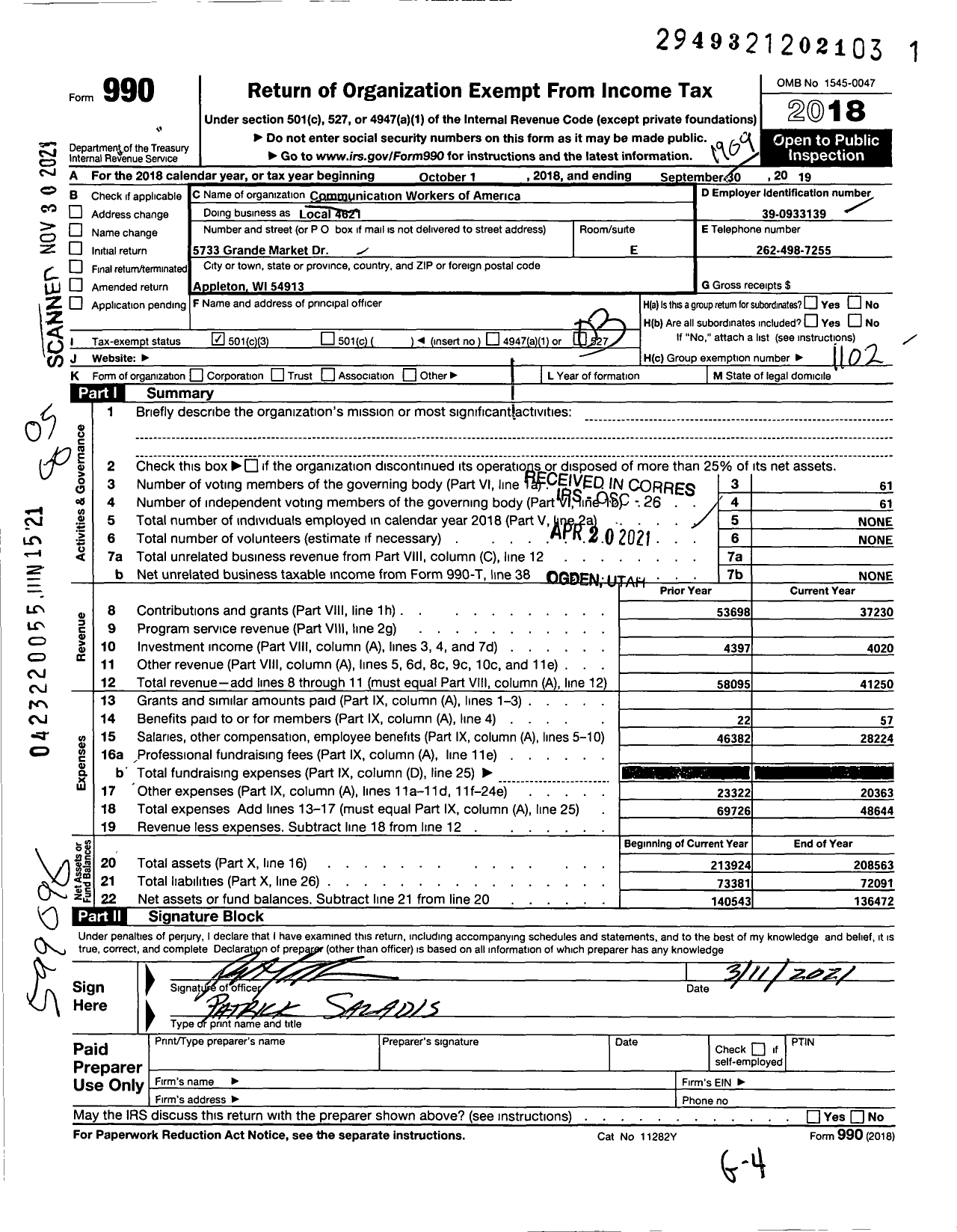 Image of first page of 2018 Form 990O for Communications Workers of America - 4621 Local