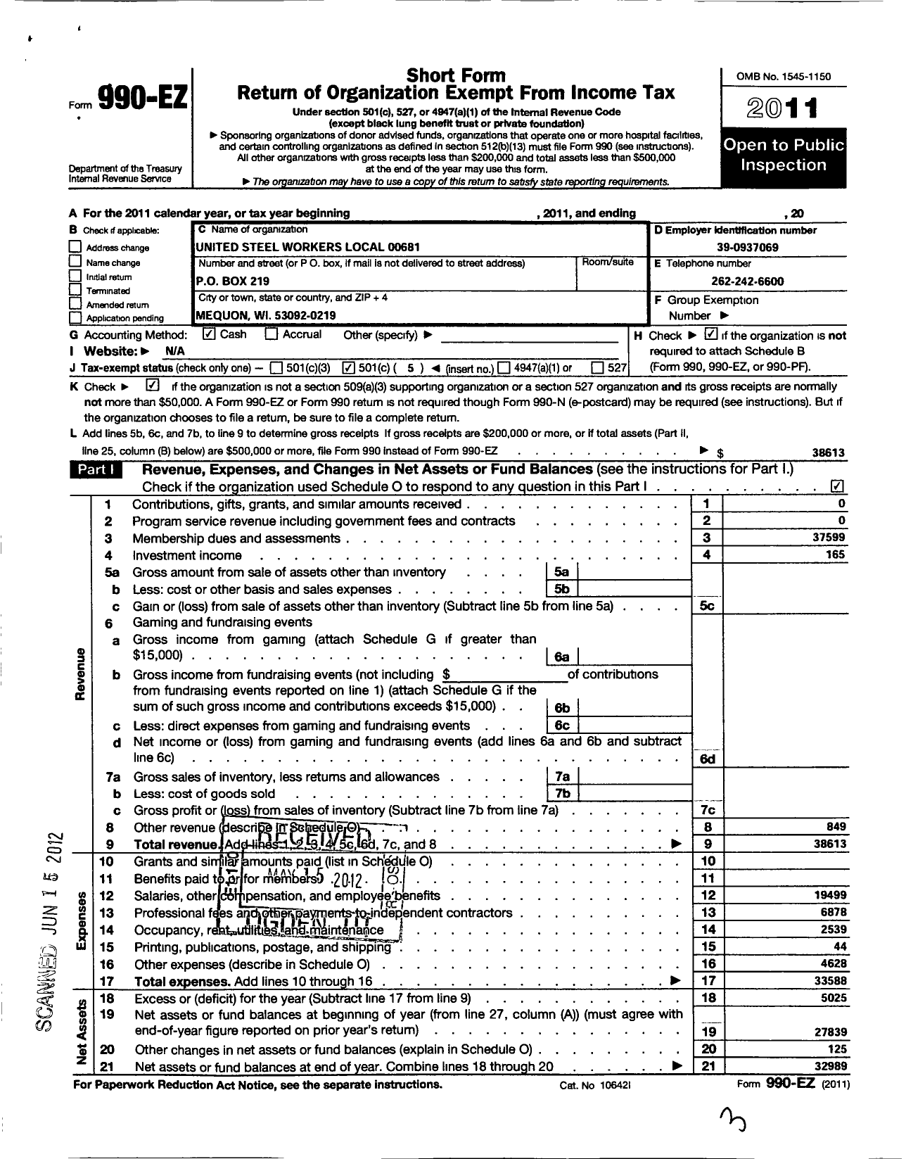 Image of first page of 2011 Form 990EO for United Steelworkers - 00681 Local