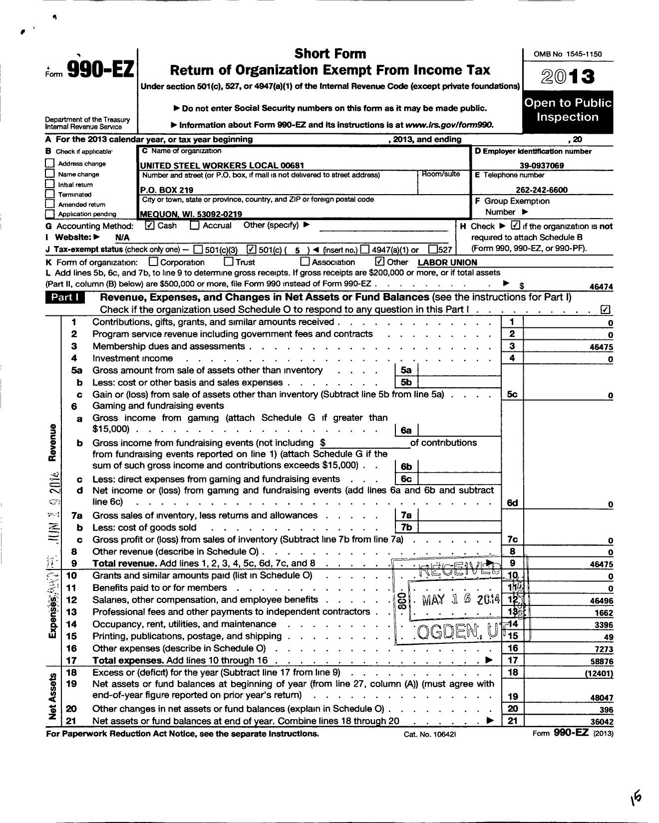 Image of first page of 2013 Form 990EO for United Steelworkers - 00681 Local