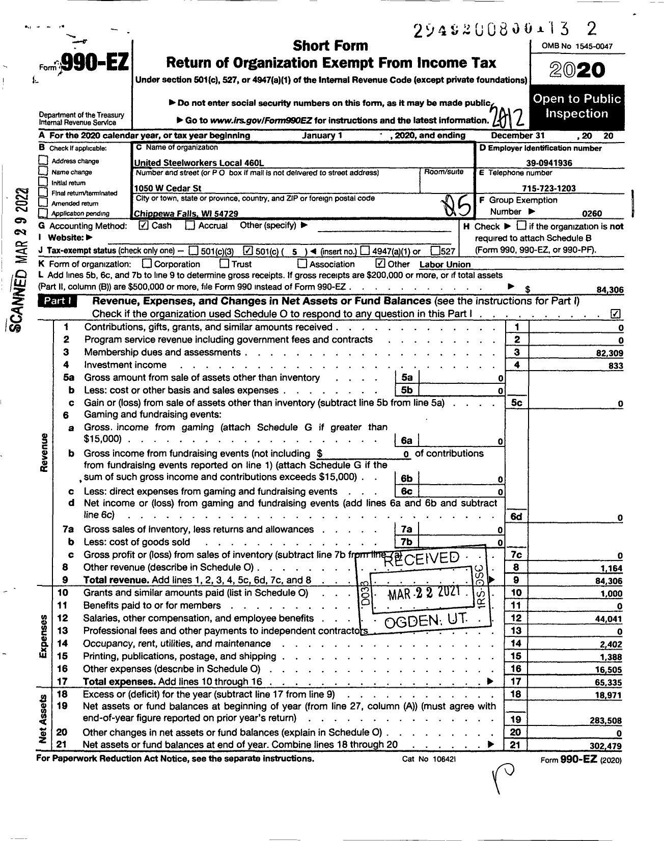 Image of first page of 2020 Form 990EO for United Steelworkers - 00460l Local