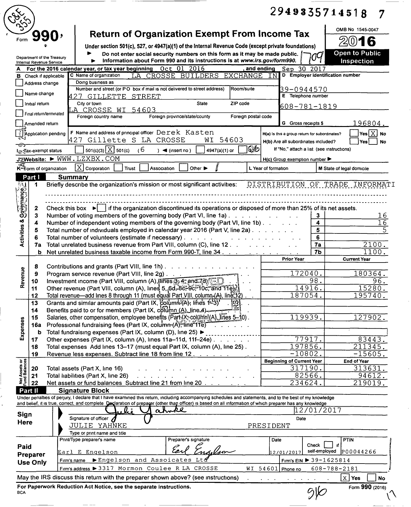 Image of first page of 2016 Form 990O for La Crosse Builders Exchange