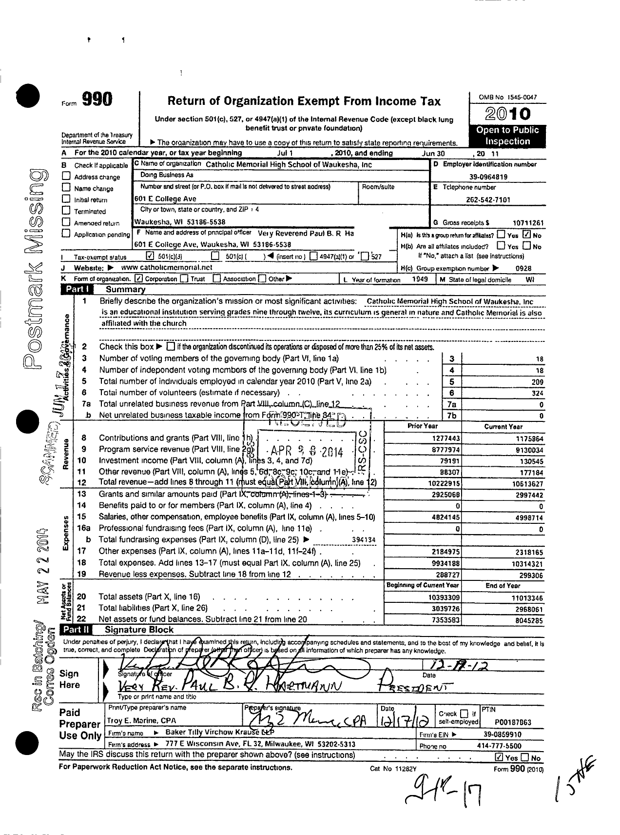 Image of first page of 2010 Form 990 for Catholic Memorial High School of Waukesha