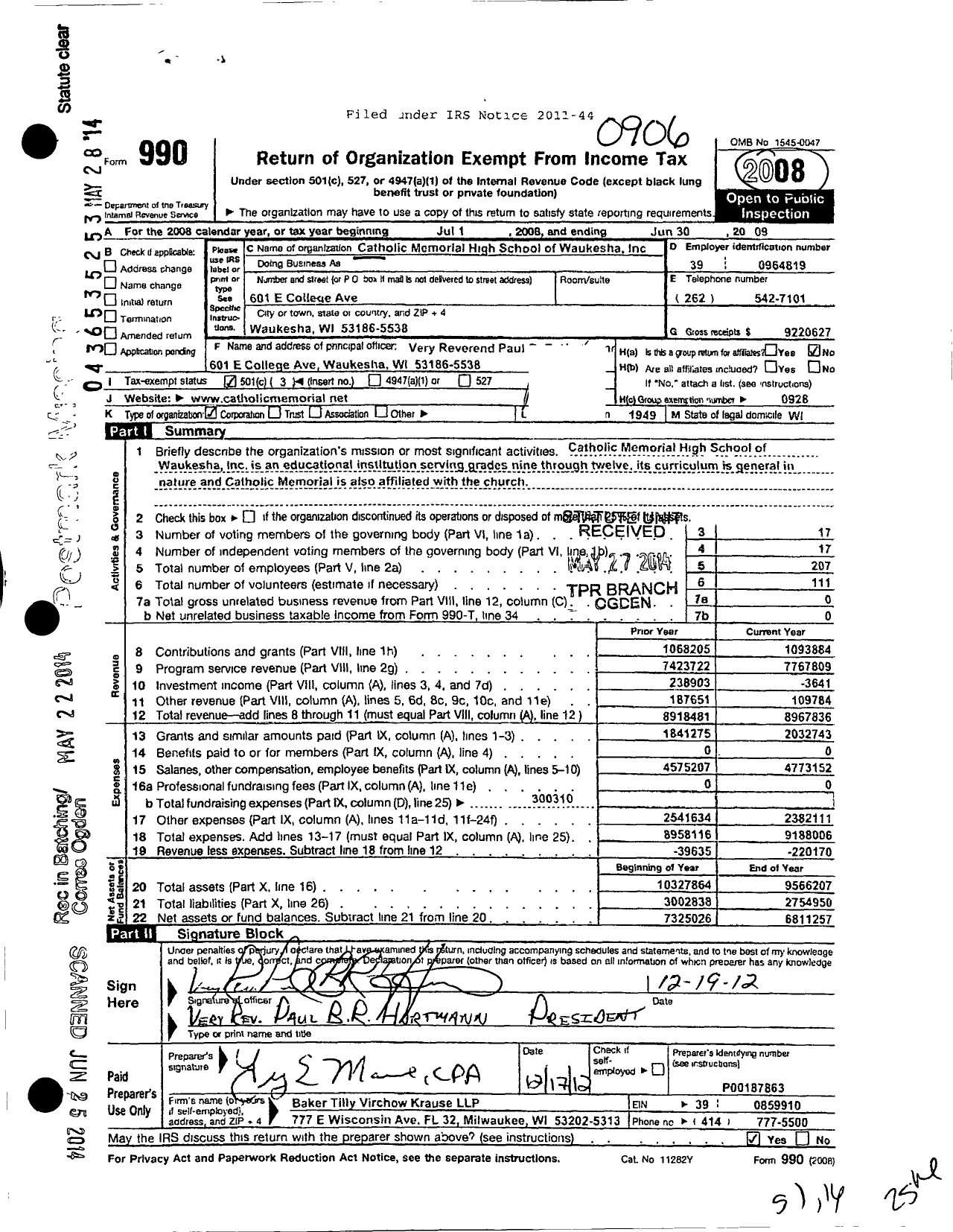 Image of first page of 2008 Form 990 for Catholic Memorial High School of Waukesha