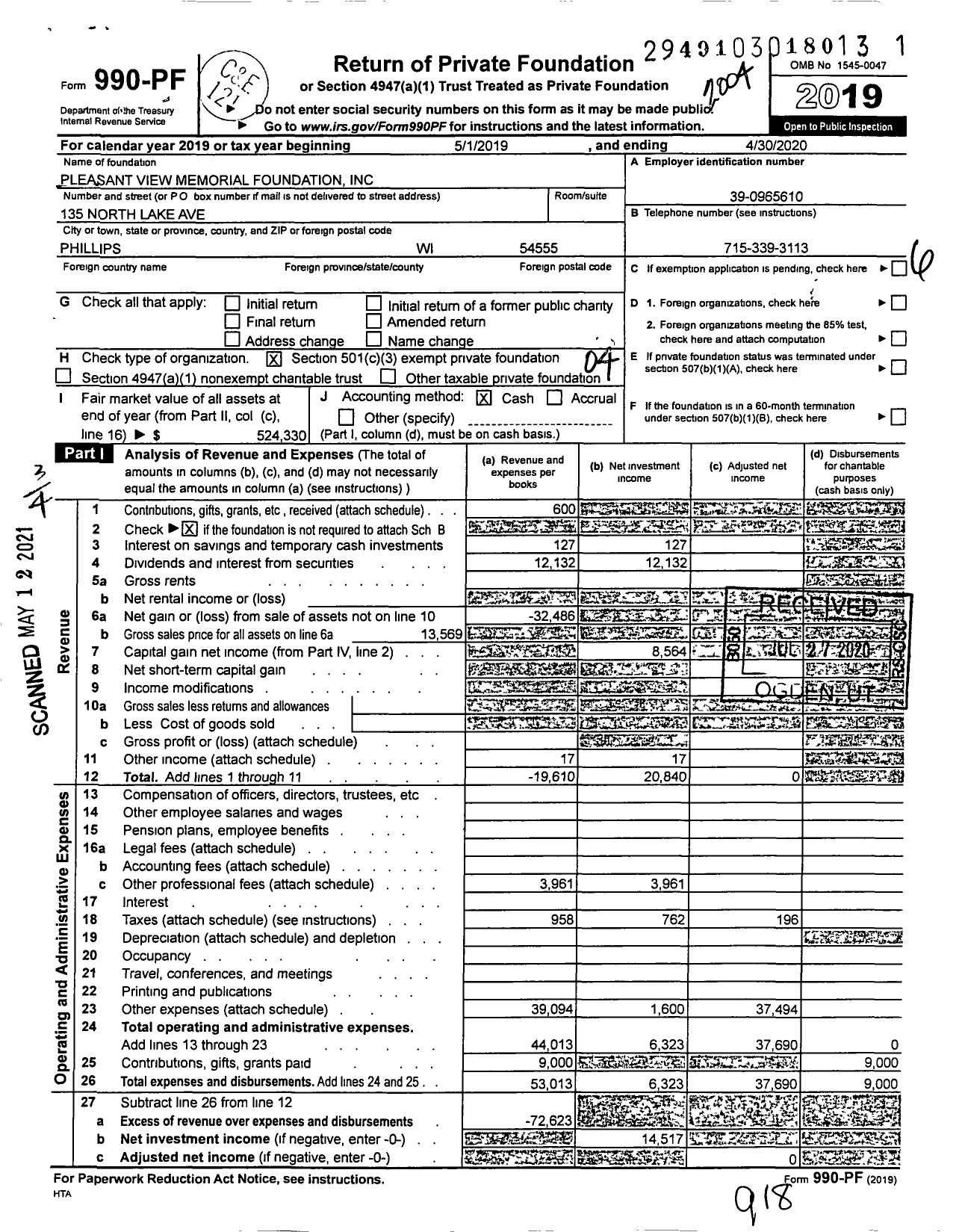 Image of first page of 2019 Form 990PF for Pleasant View Memorial Foundation