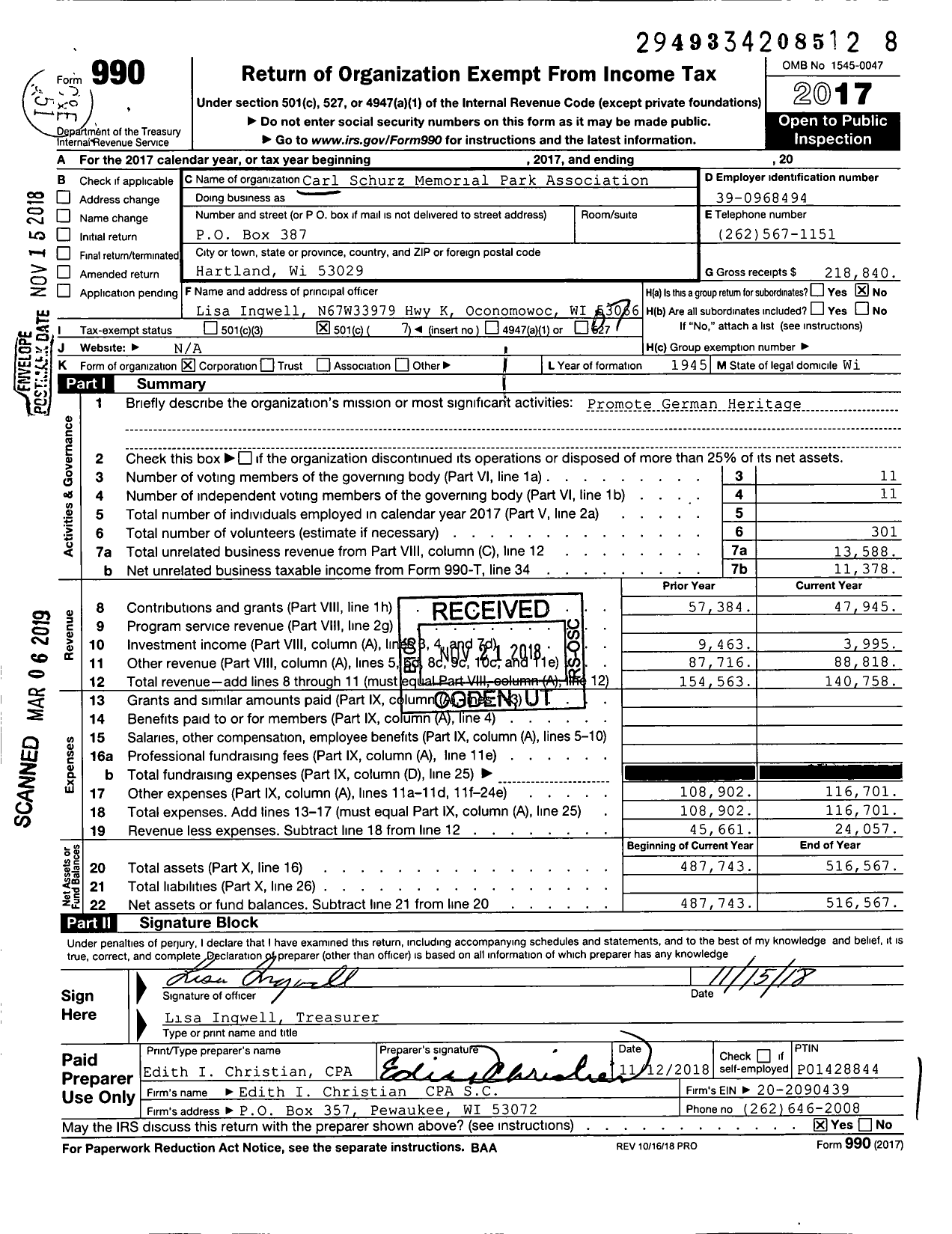 Image of first page of 2017 Form 990O for Carl Schurz Memorial Park Association