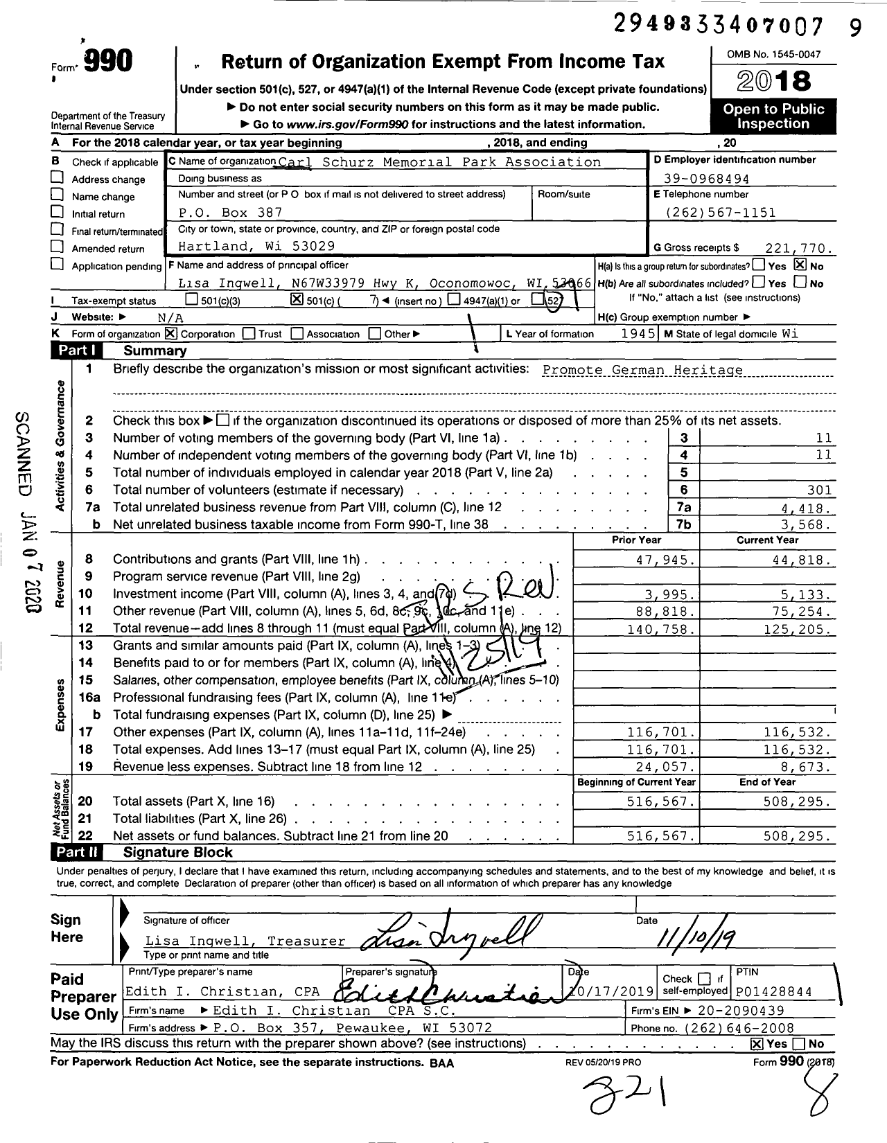 Image of first page of 2018 Form 990O for Carl Schurz Memorial Park Association