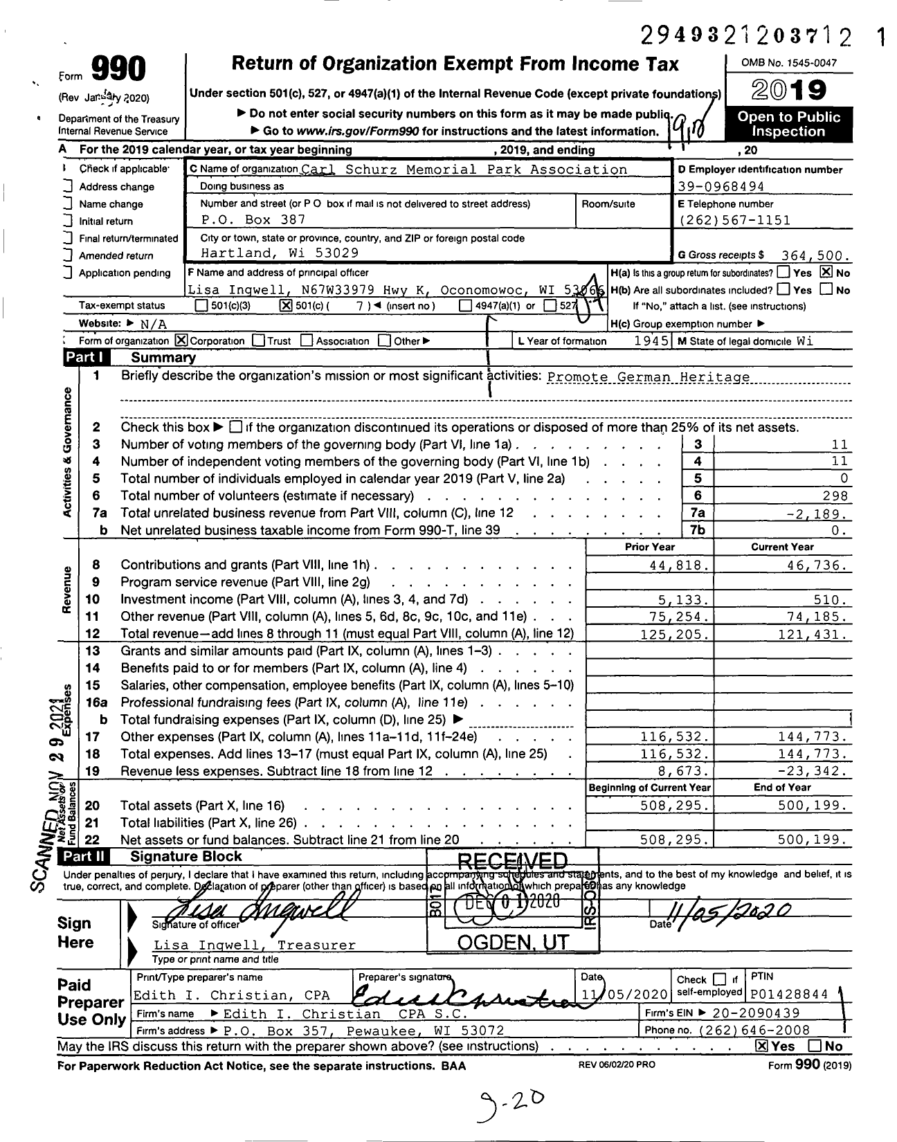 Image of first page of 2019 Form 990O for Carl Schurz Memorial Park Association