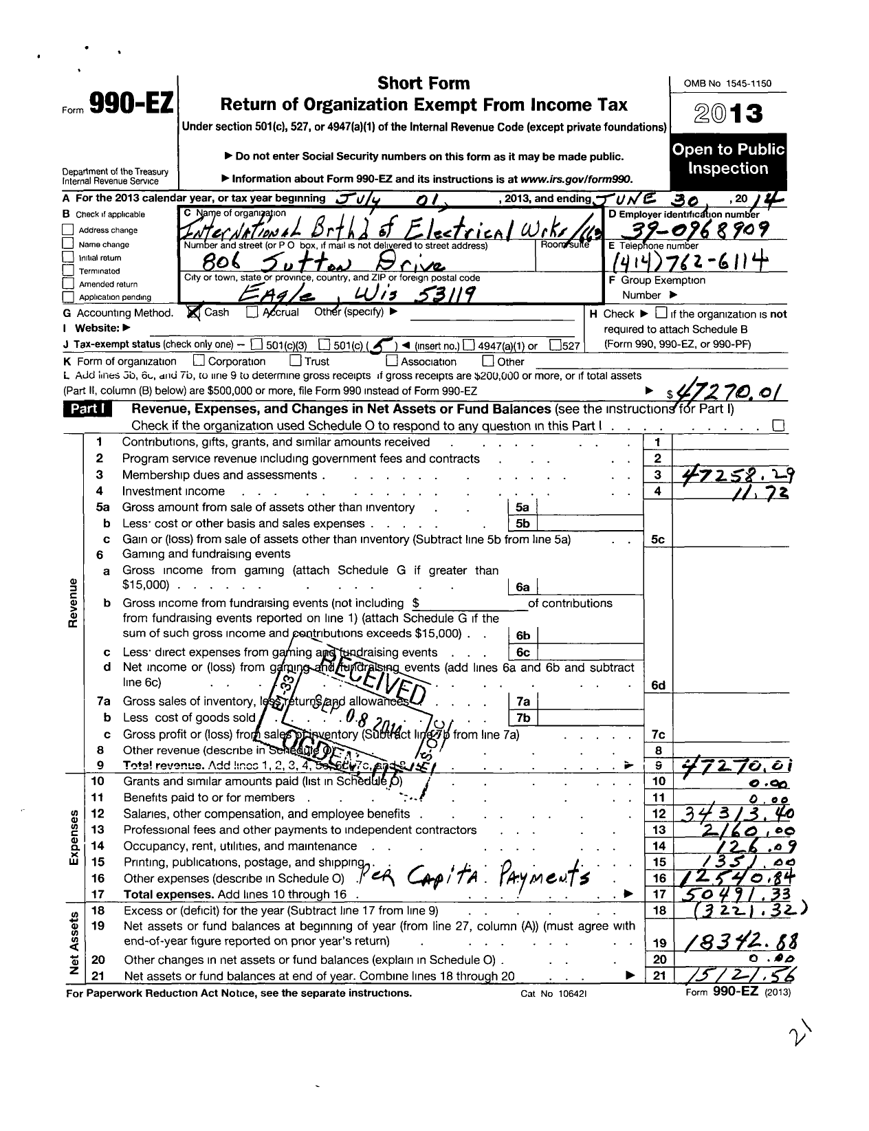 Image of first page of 2013 Form 990EO for International Brotherhood of Electrical Workers - 663 Local Union