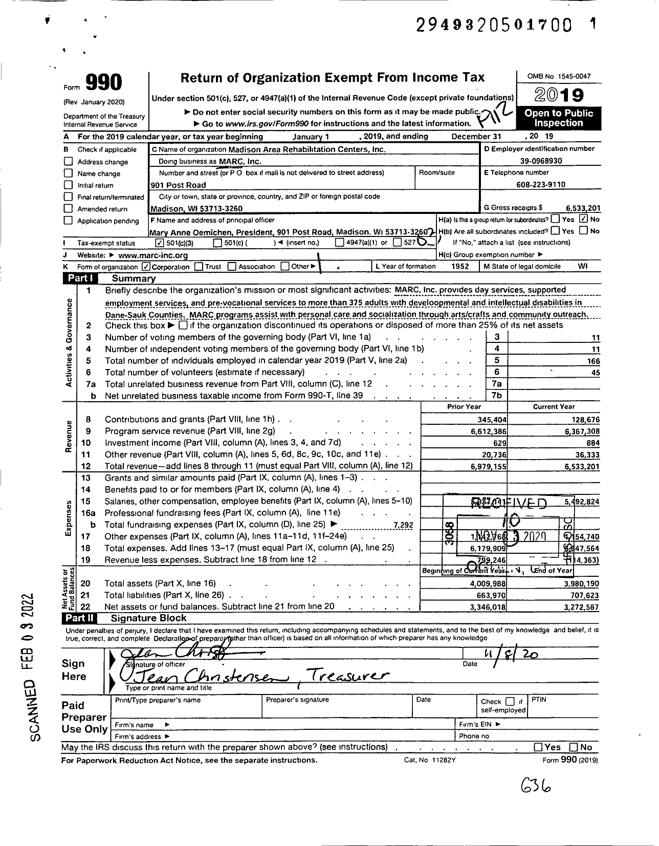 Image of first page of 2019 Form 990 for Madison Area Rehabilitation Centers (MARC)