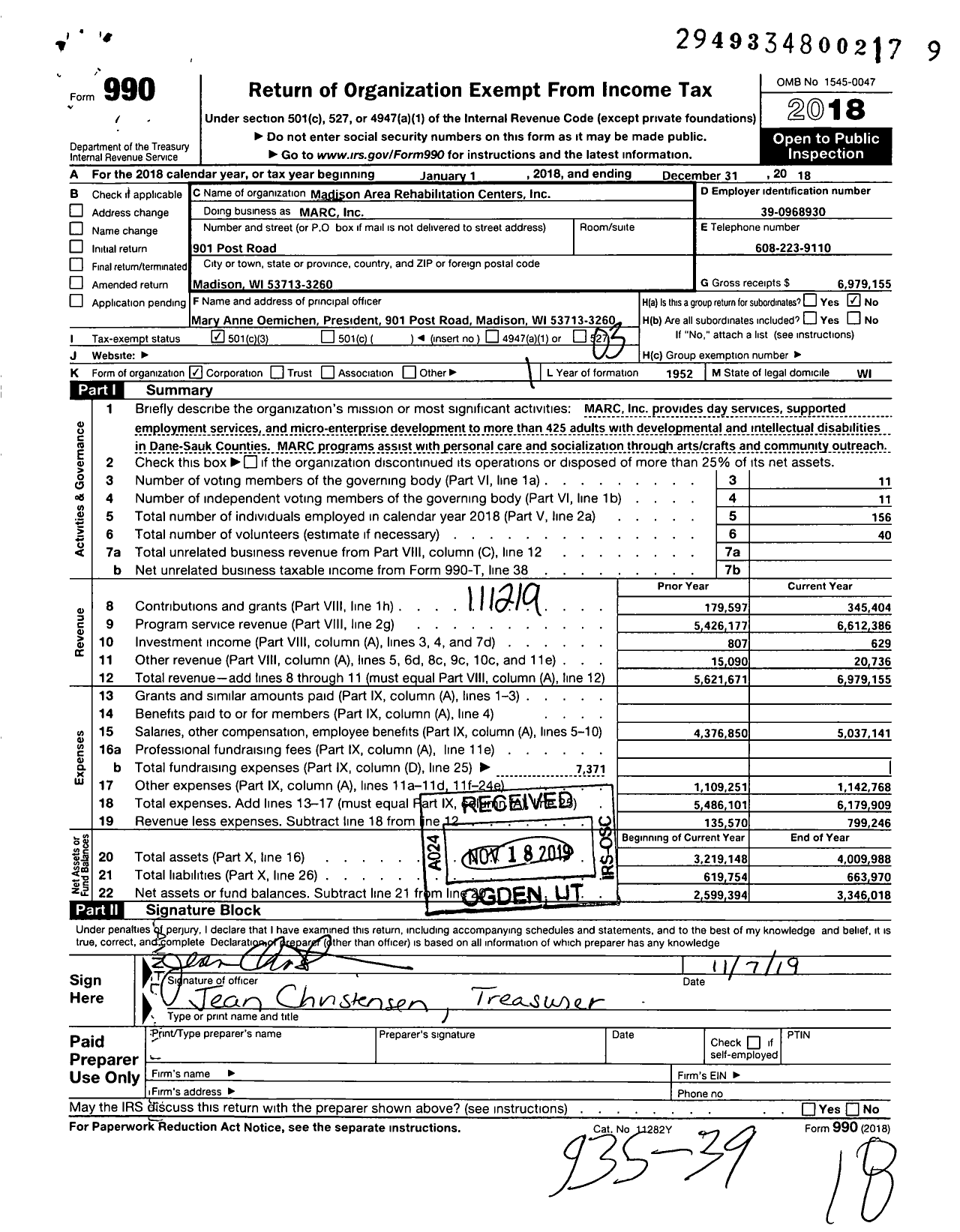 Image of first page of 2018 Form 990 for Madison Area Rehabilitation Centers (MARC)