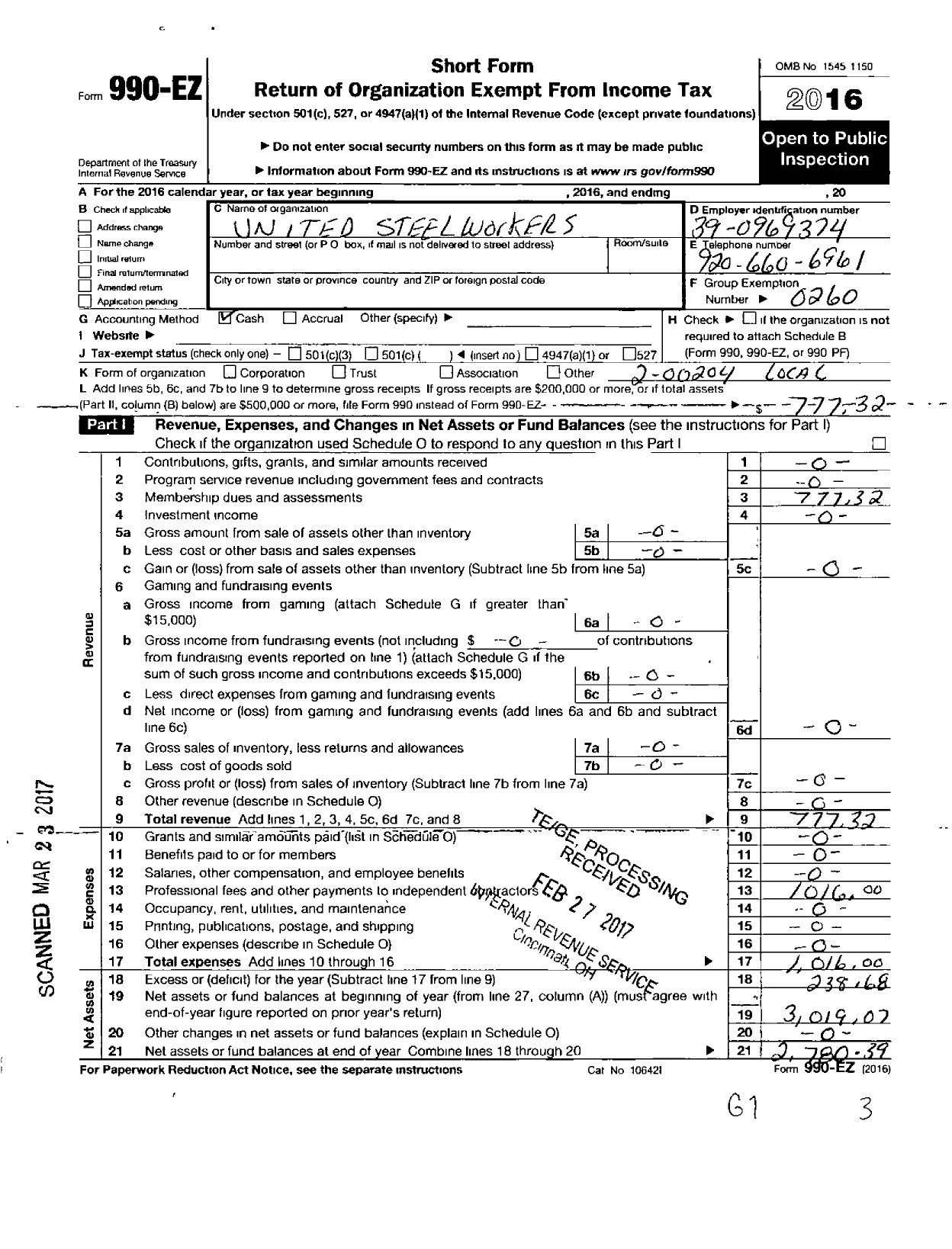 Image of first page of 2016 Form 990EO for United Steelworkers