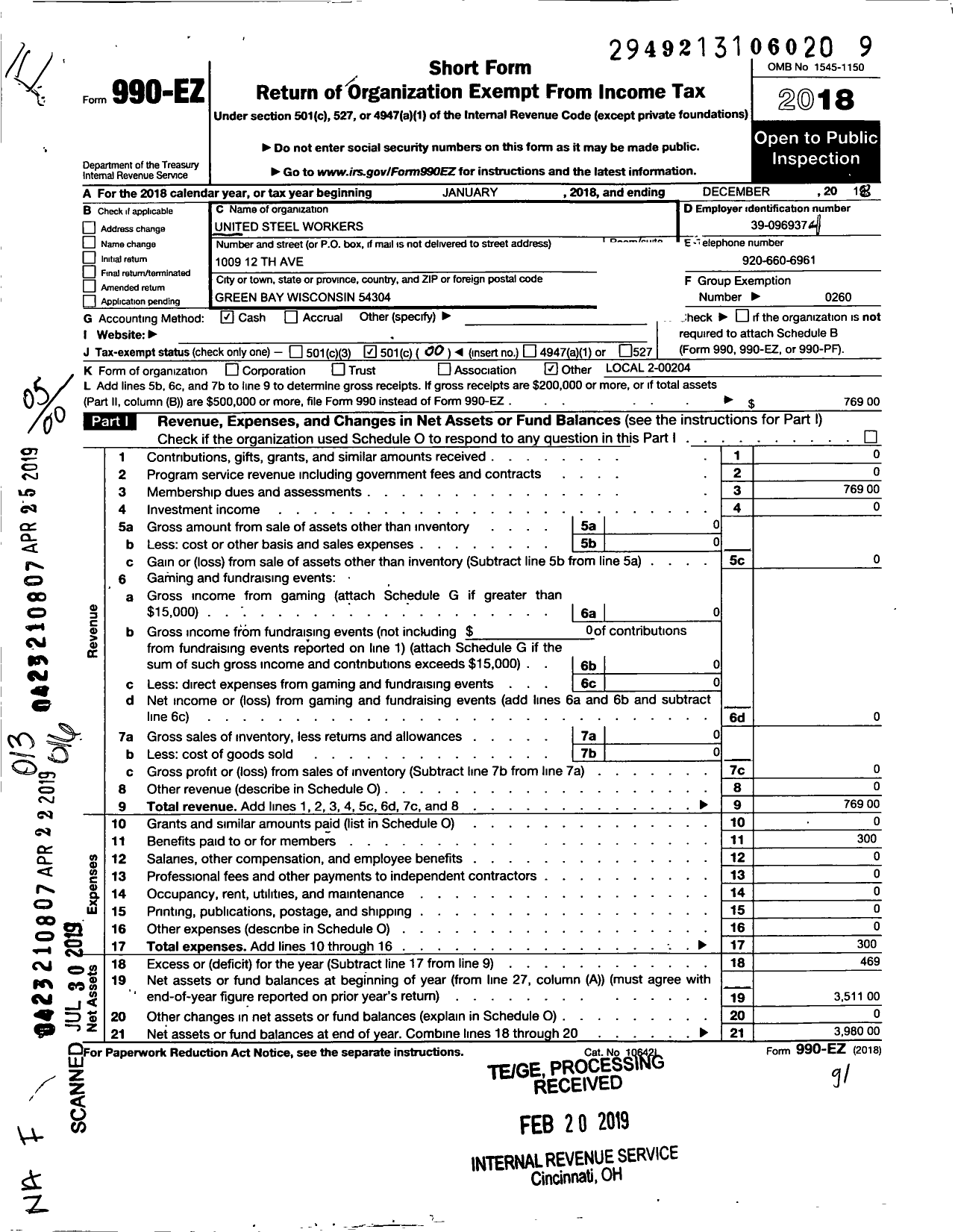 Image of first page of 2018 Form 990EO for United Steelworkers