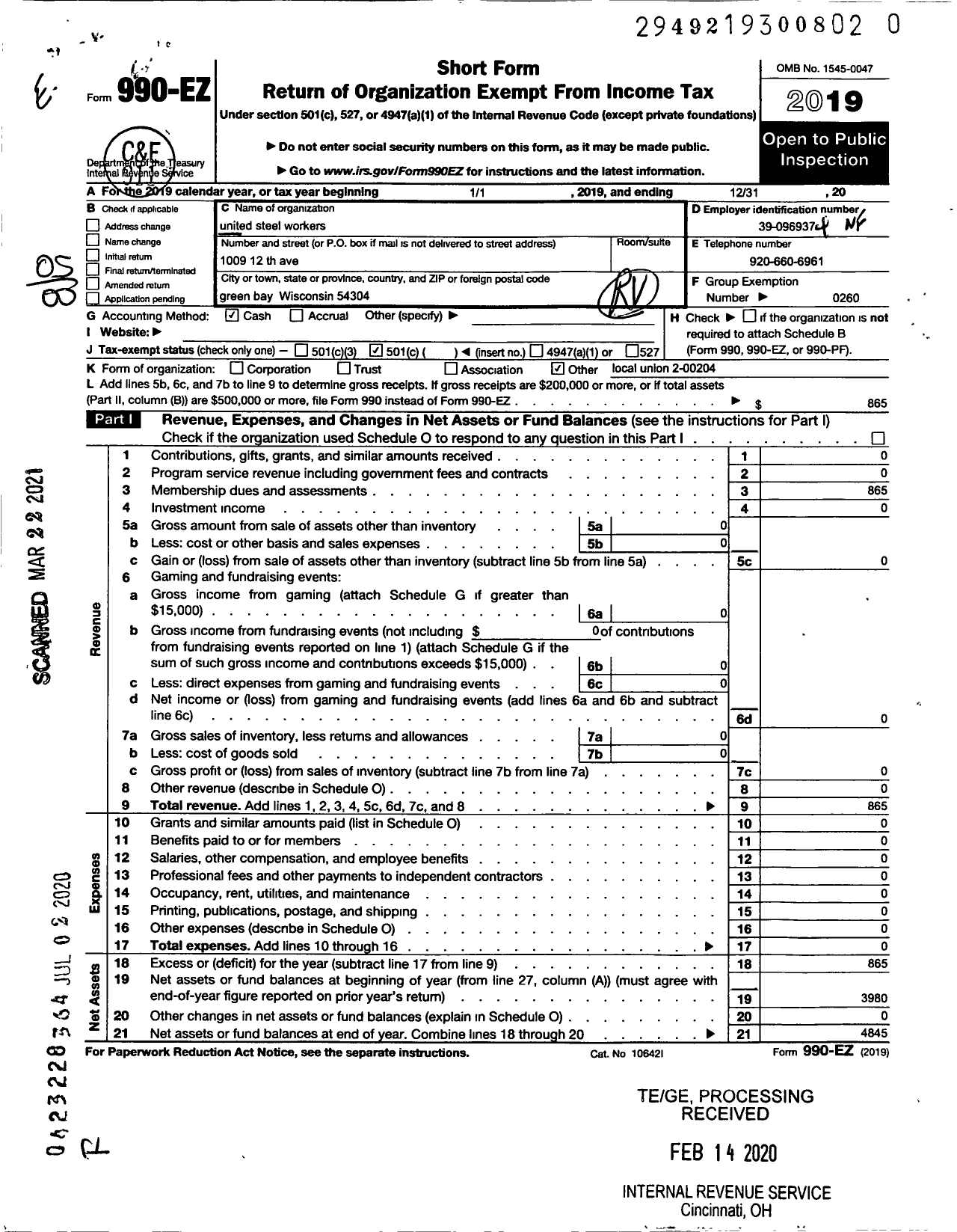 Image of first page of 2019 Form 990EO for United Steelworkers