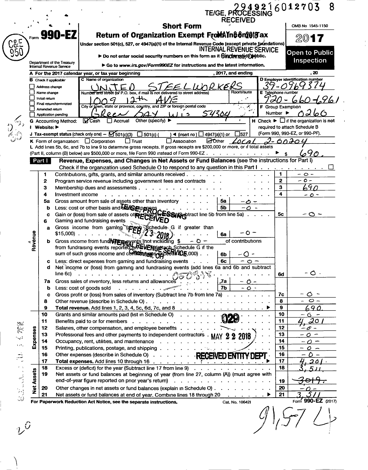 Image of first page of 2017 Form 990EO for United Steelworkers