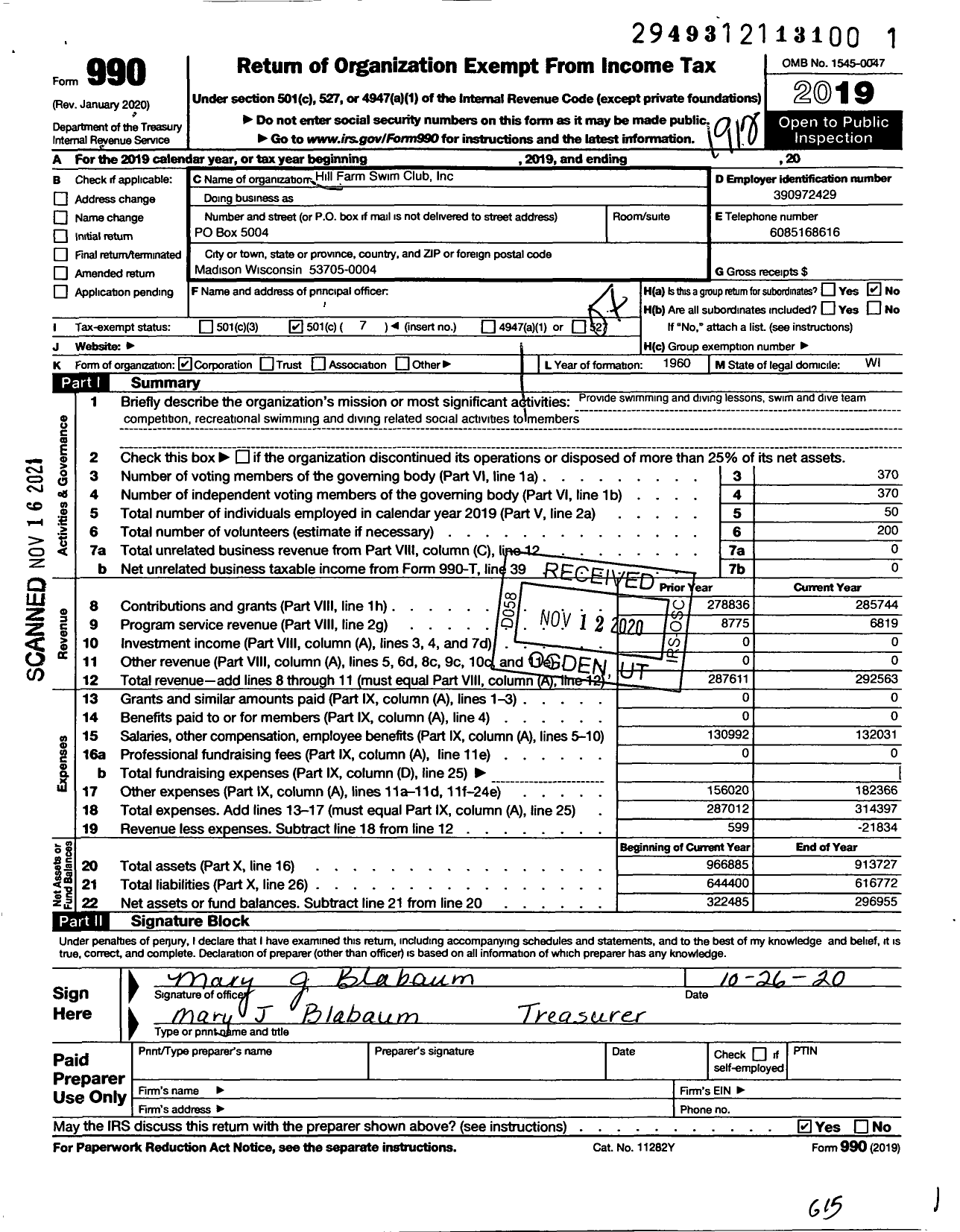 Image of first page of 2019 Form 990O for Hill Farm Swim Club