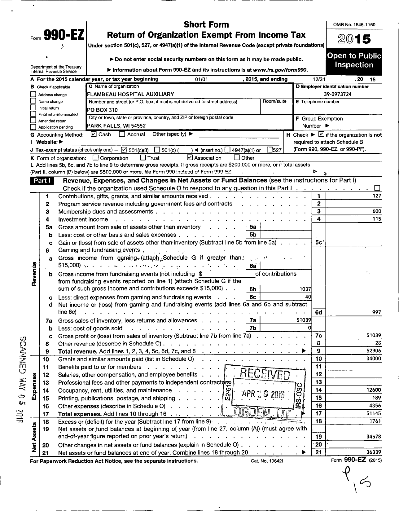 Image of first page of 2015 Form 990EZ for Marshfield Medical Center-Park Falls