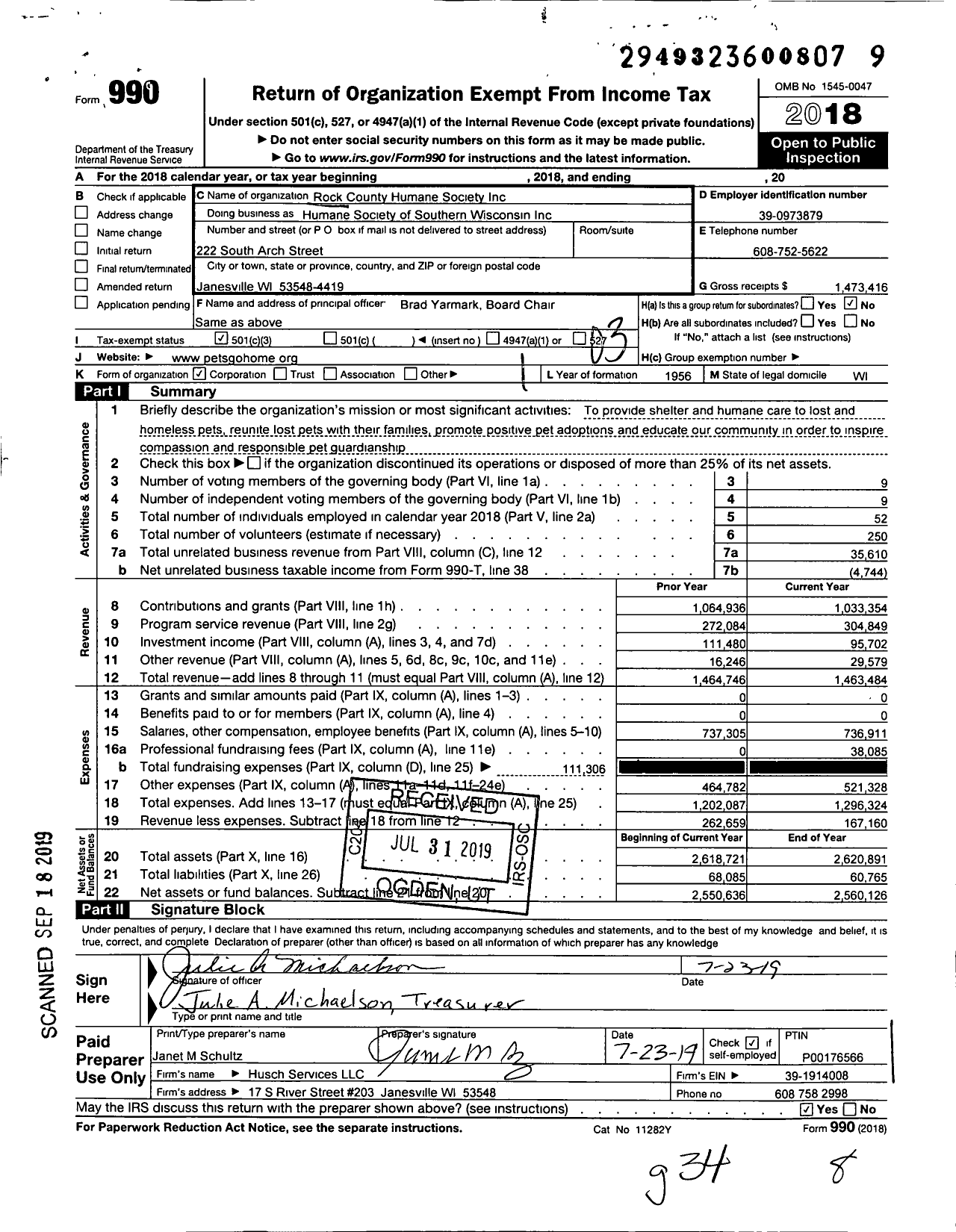 Image of first page of 2018 Form 990 for The Humane Society of Southern Wisconsin