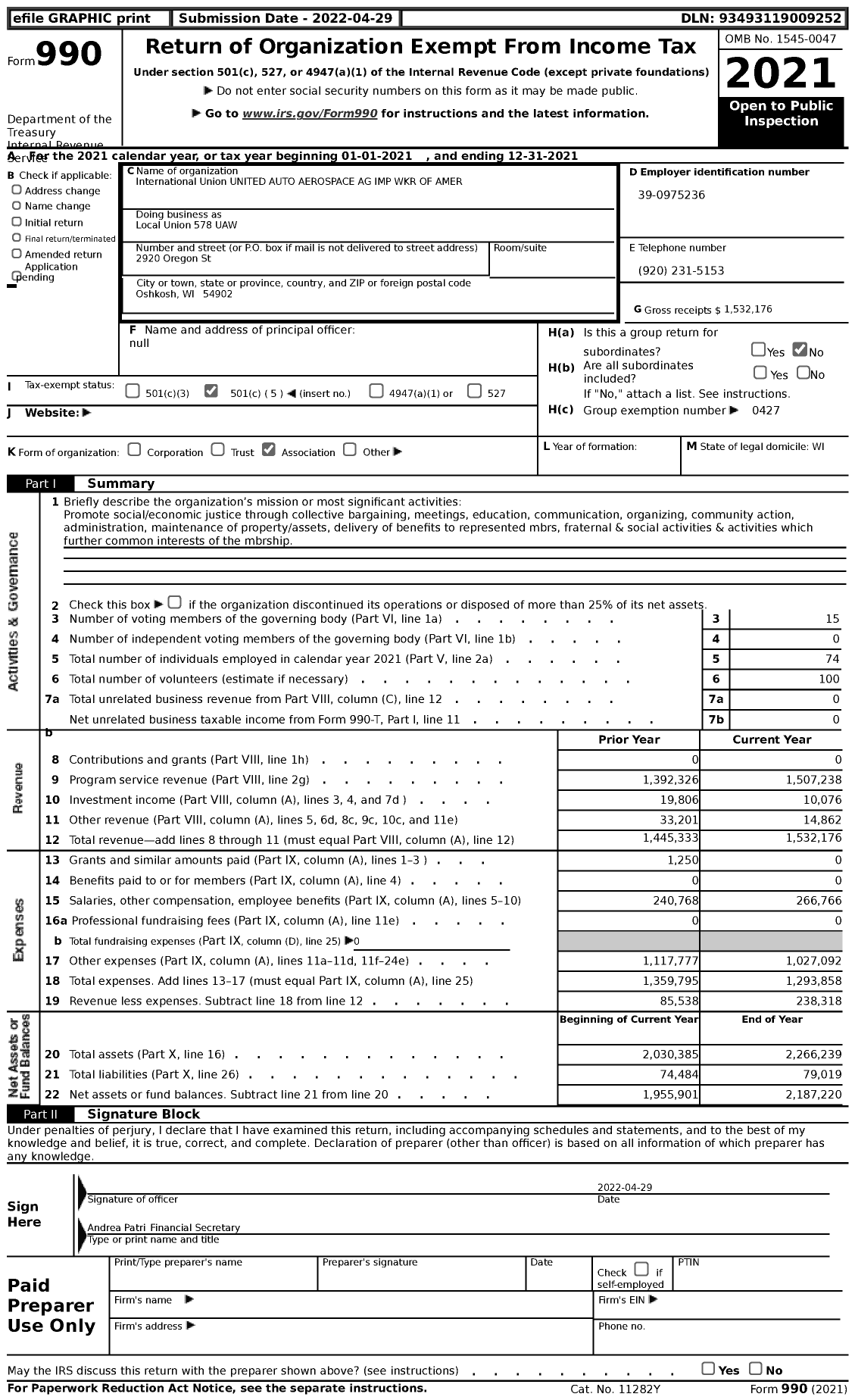 Image of first page of 2021 Form 990 for UAW - Local Union 578 UAW