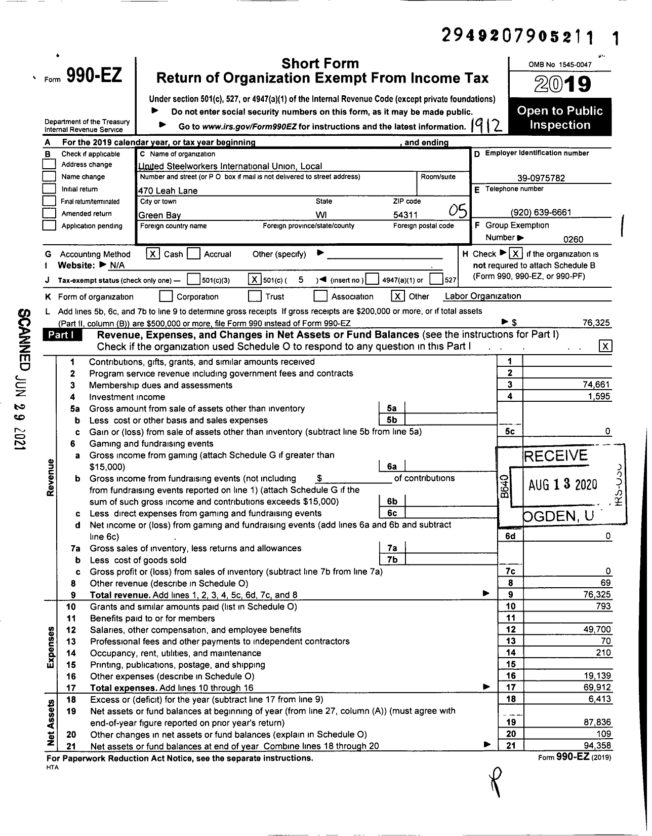 Image of first page of 2019 Form 990EO for United Steelworkers - 2-00213 Local