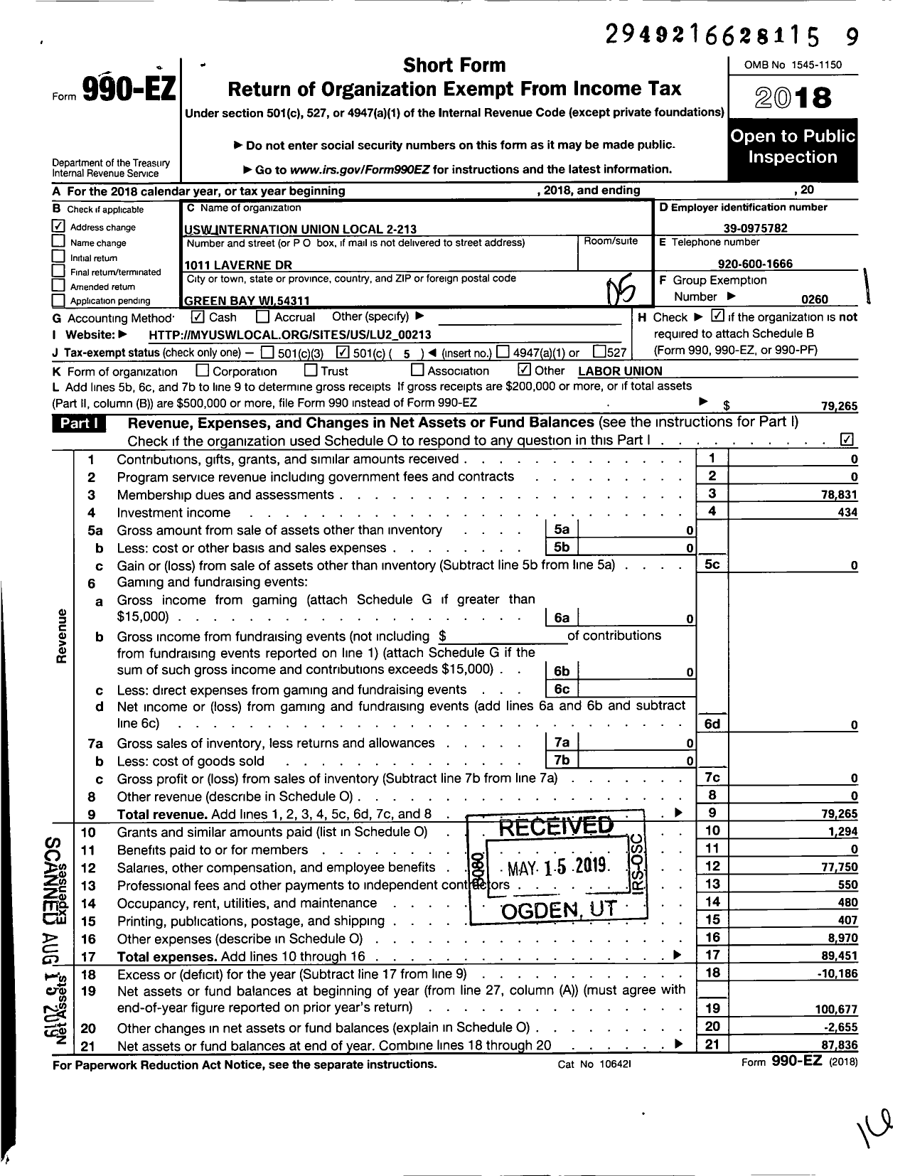 Image of first page of 2018 Form 990EO for United Steelworkers - 2-00213 Local