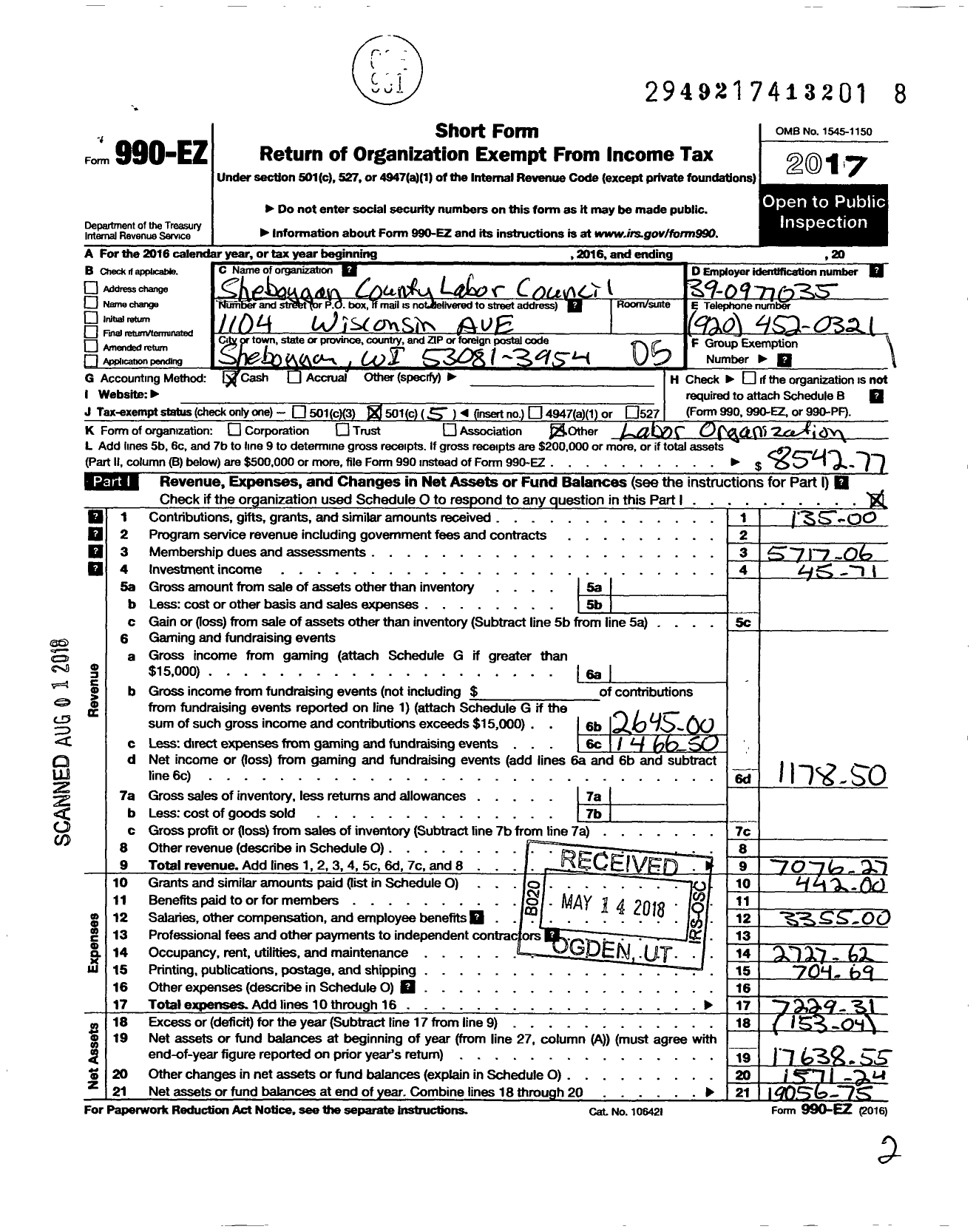 Image of first page of 2017 Form 990EO for AFL-CIO - Sheboygan Cty Labor Council