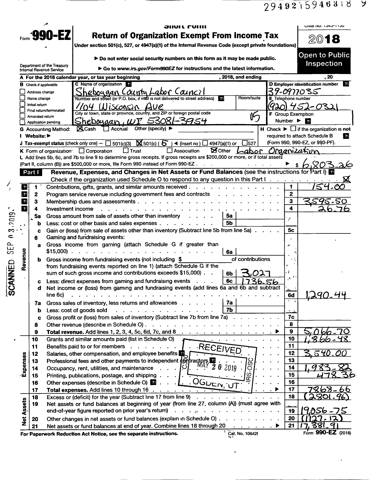 Image of first page of 2018 Form 990EO for AFL-CIO - Sheboygan Cty Labor Council