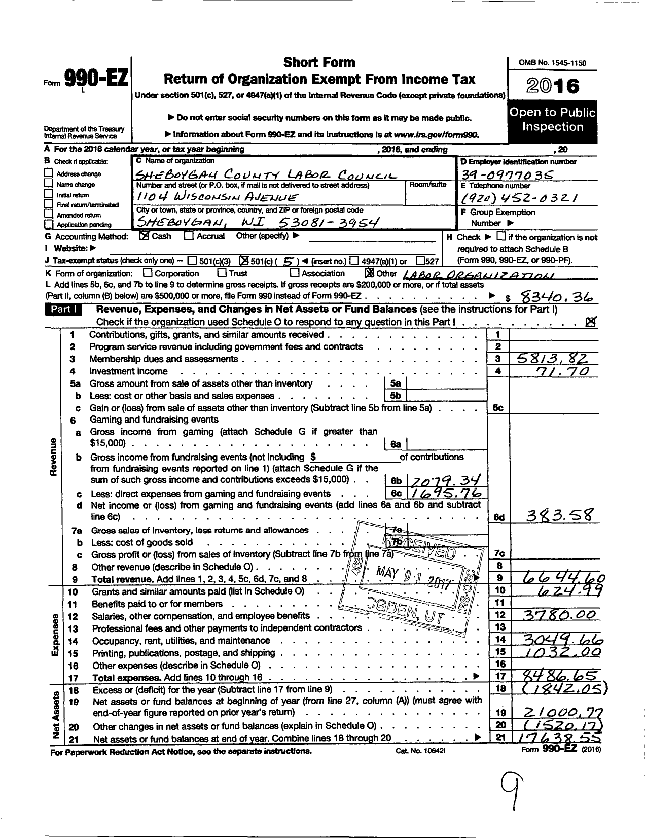 Image of first page of 2016 Form 990EO for AFL-CIO - Sheboygan Cty Labor Council