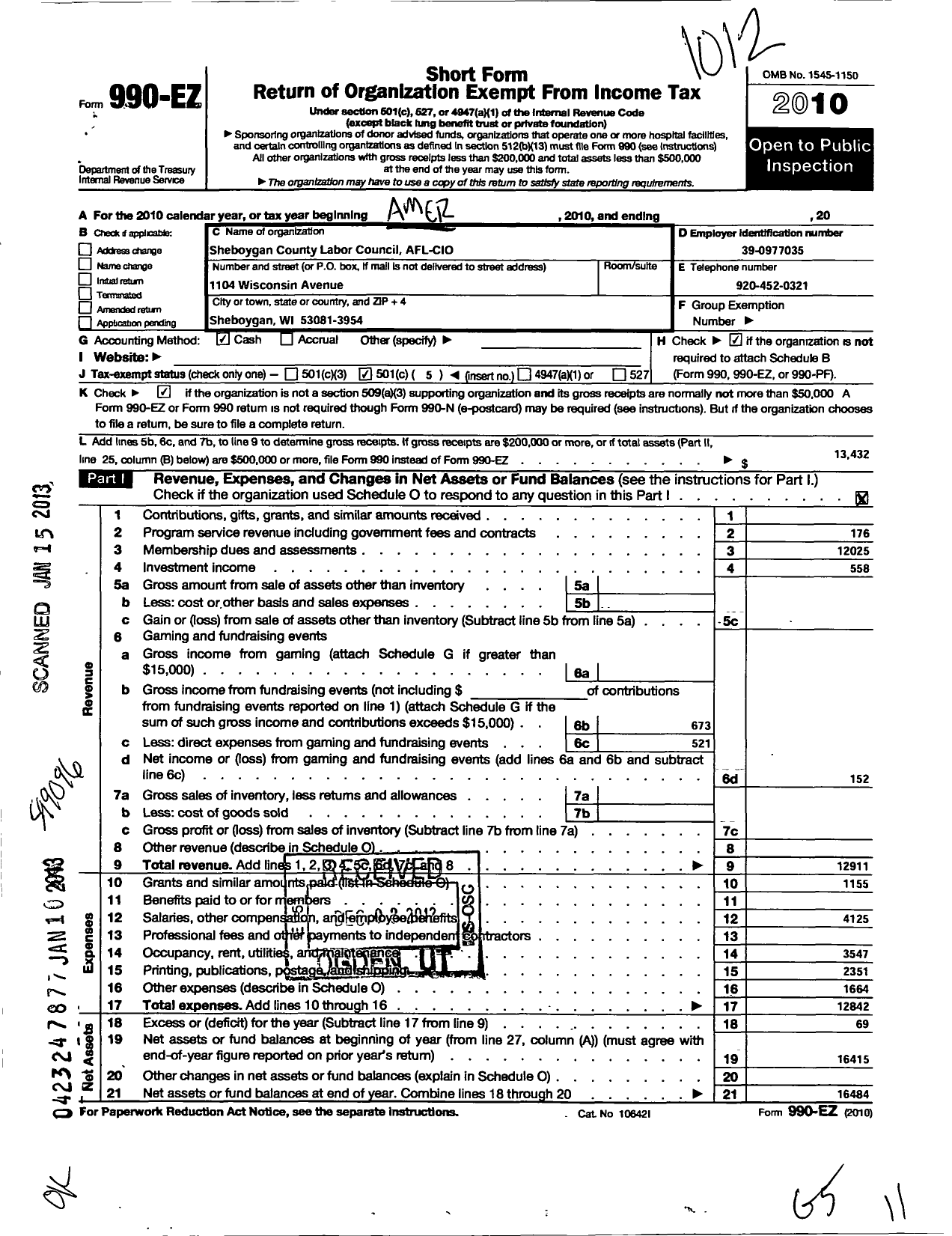 Image of first page of 2010 Form 990EO for AFL-CIO - Sheboygan Cty Labor Council