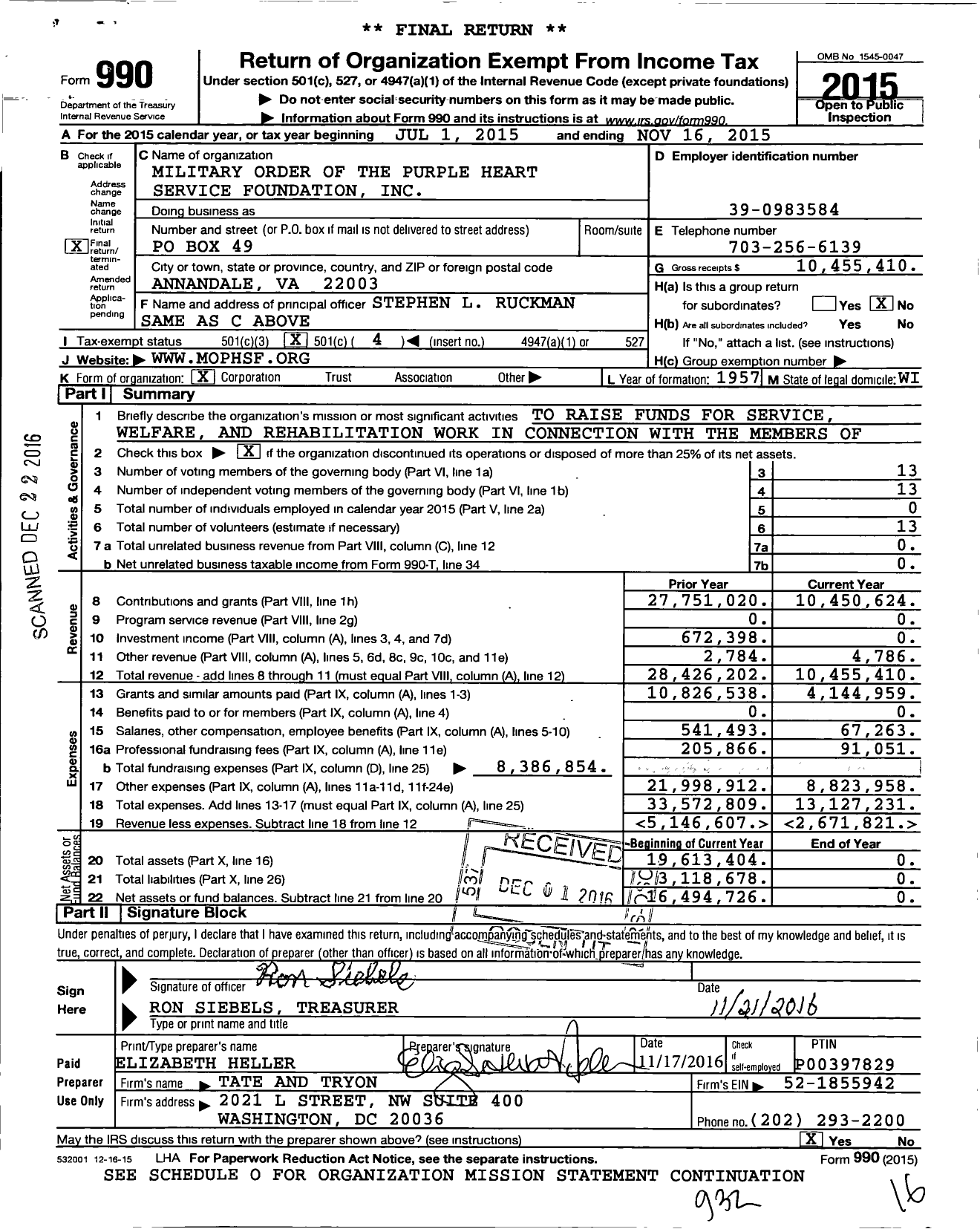 Image of first page of 2014 Form 990O for Military Order of the Purple Heart Service Foundation (MOPHSF)
